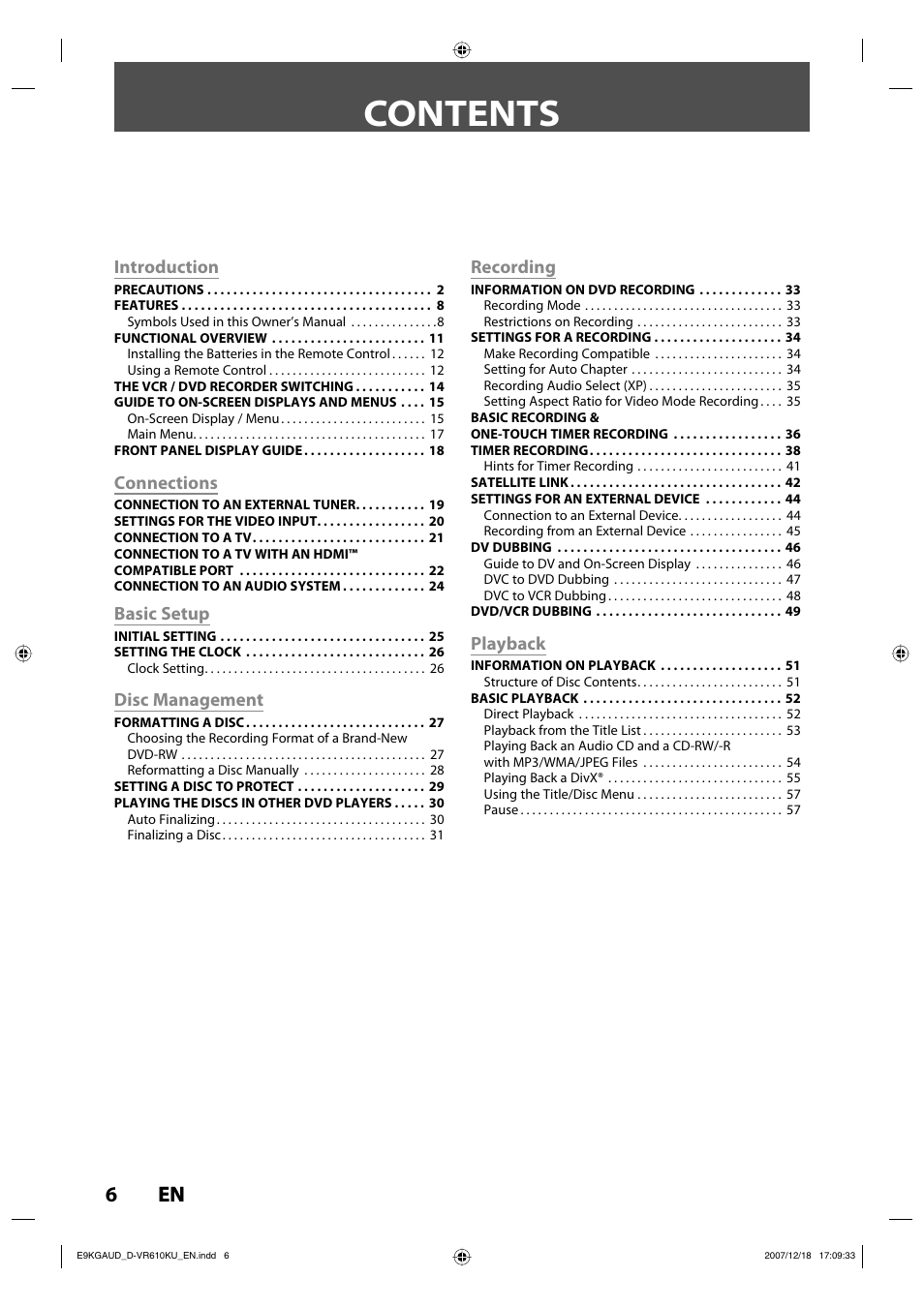 Toshiba DVD Video Recorder / Video Cassette Recorder D-VR610KU User Manual | Page 6 / 126