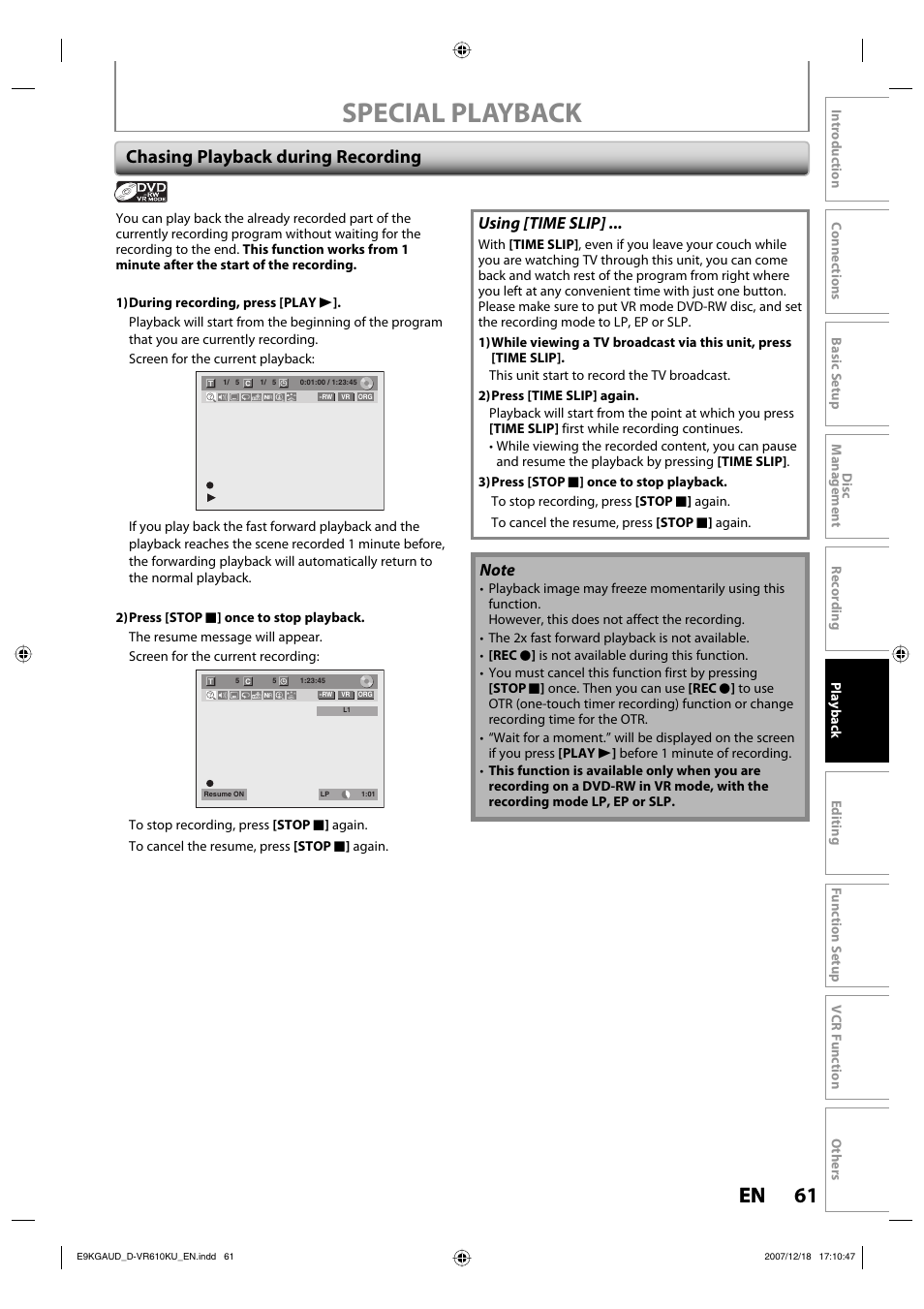 Special playback, 61 en 61 en, Chasing playback during recording | Using [time slip | Toshiba DVD Video Recorder / Video Cassette Recorder D-VR610KU User Manual | Page 61 / 126