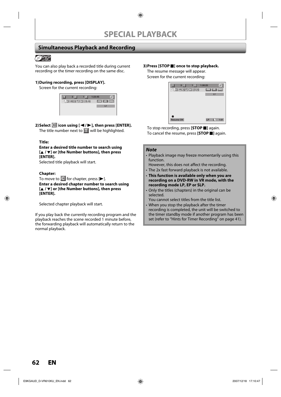 Special playback, 62 en 62 en, Simultaneous playback and recording | Toshiba DVD Video Recorder / Video Cassette Recorder D-VR610KU User Manual | Page 62 / 126