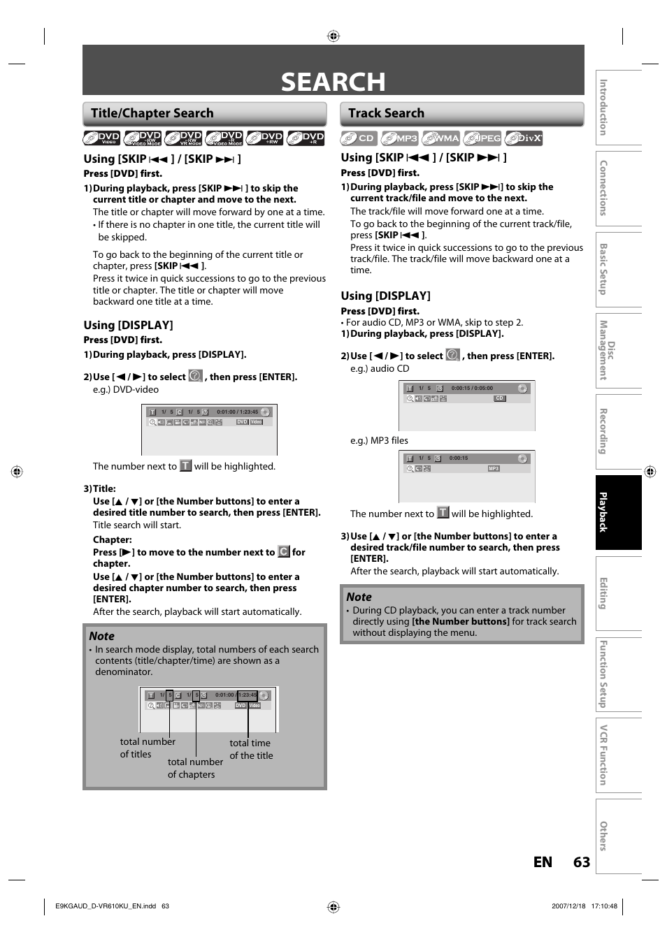 Search, 63 en 63 en, Title/chapter search | Track search | Toshiba DVD Video Recorder / Video Cassette Recorder D-VR610KU User Manual | Page 63 / 126