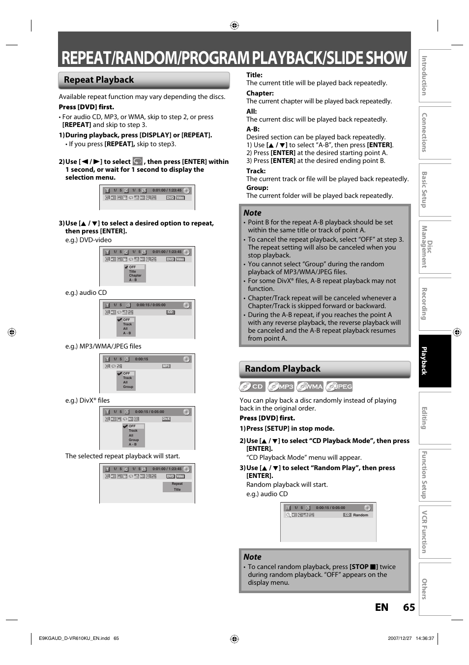 Repeat/random/program playback/slide show, 65 en 65 en, Repeat playback random playback | Toshiba DVD Video Recorder / Video Cassette Recorder D-VR610KU User Manual | Page 65 / 126