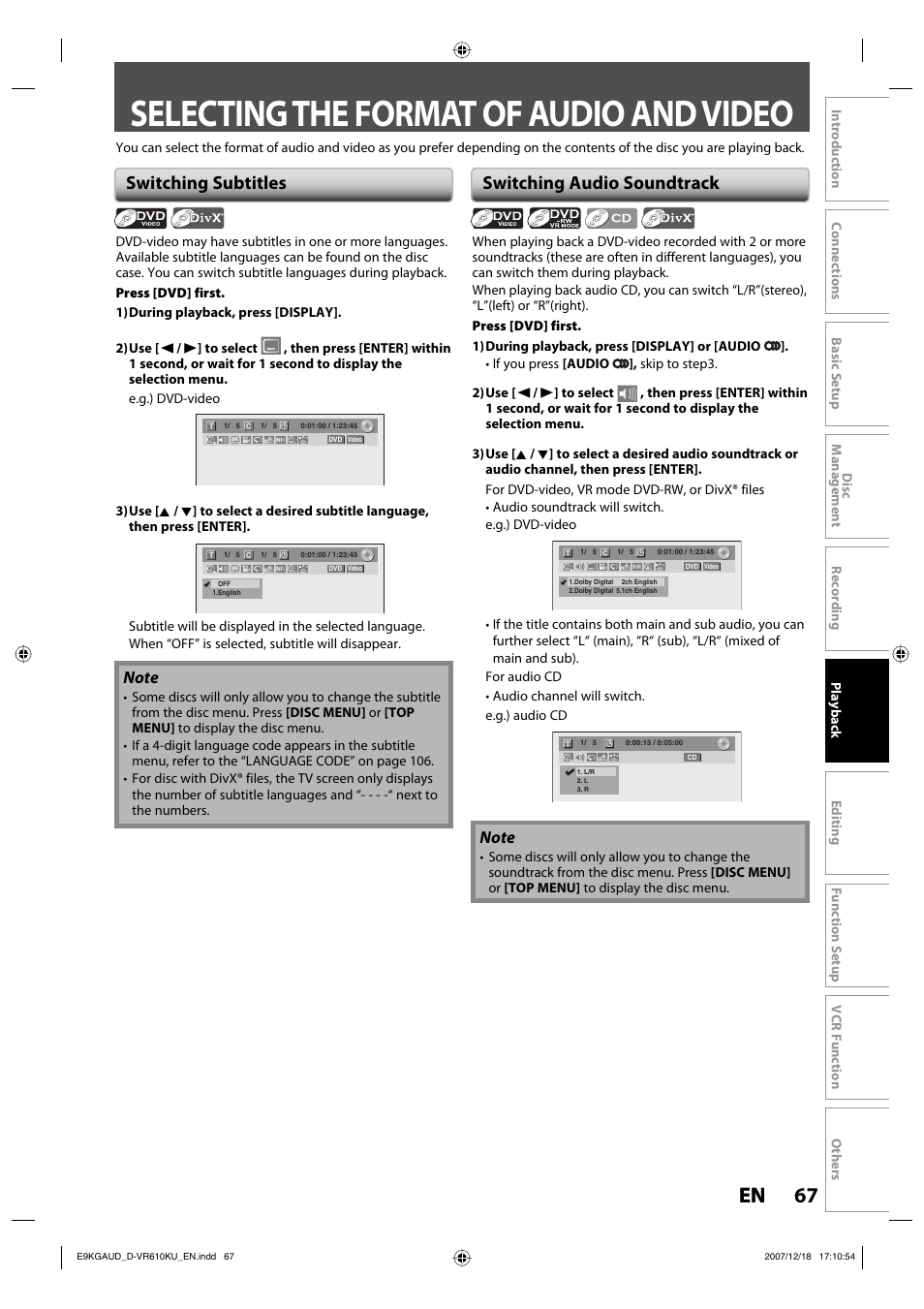 Selecting the format of audio and video, 67 en 67 en, Switching subtitles | Switching audio soundtrack | Toshiba DVD Video Recorder / Video Cassette Recorder D-VR610KU User Manual | Page 67 / 126