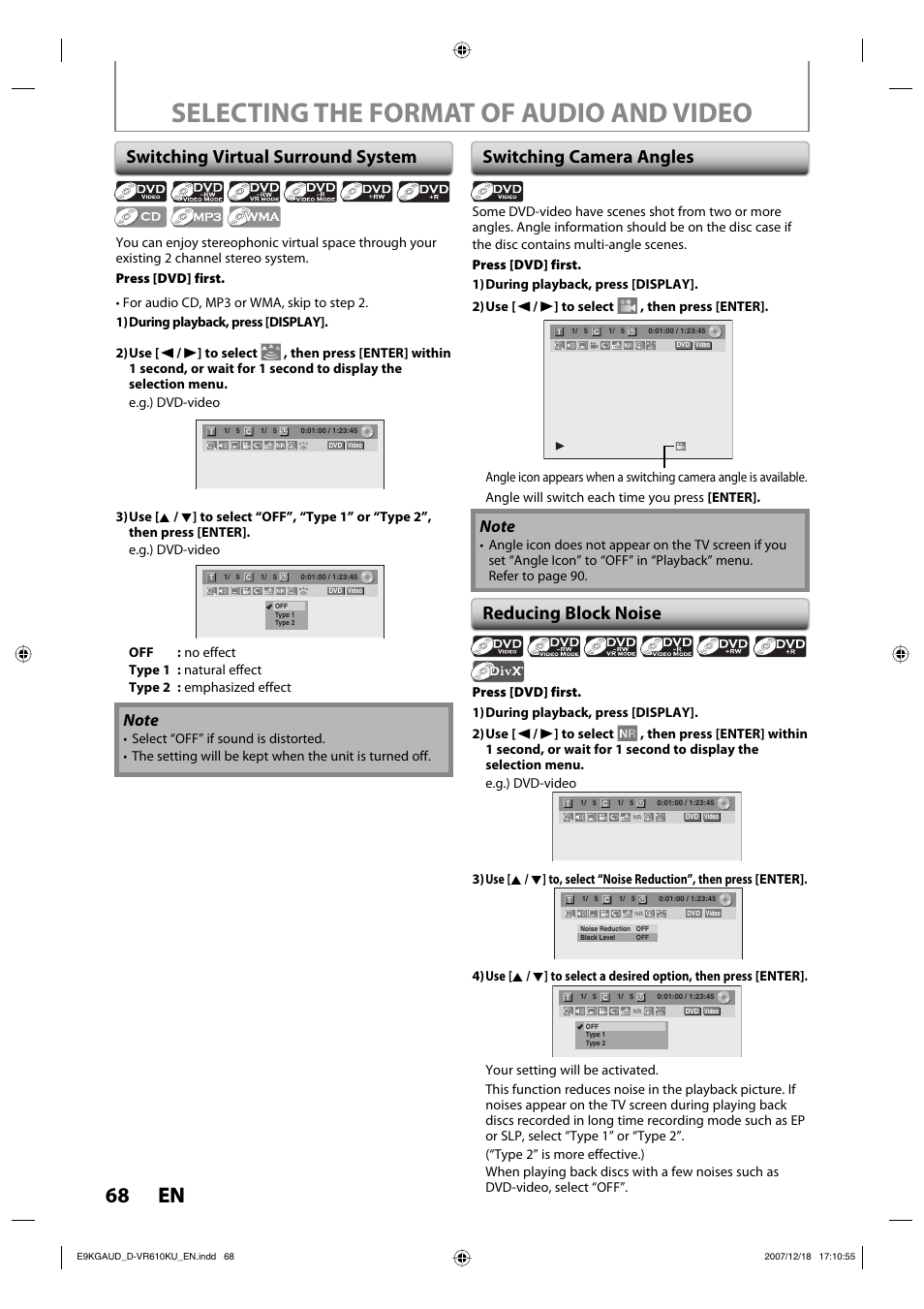 Selecting the format of audio and video, 68 en 68 en, Switching virtual surround system | Switching camera angles reducing block noise | Toshiba DVD Video Recorder / Video Cassette Recorder D-VR610KU User Manual | Page 68 / 126