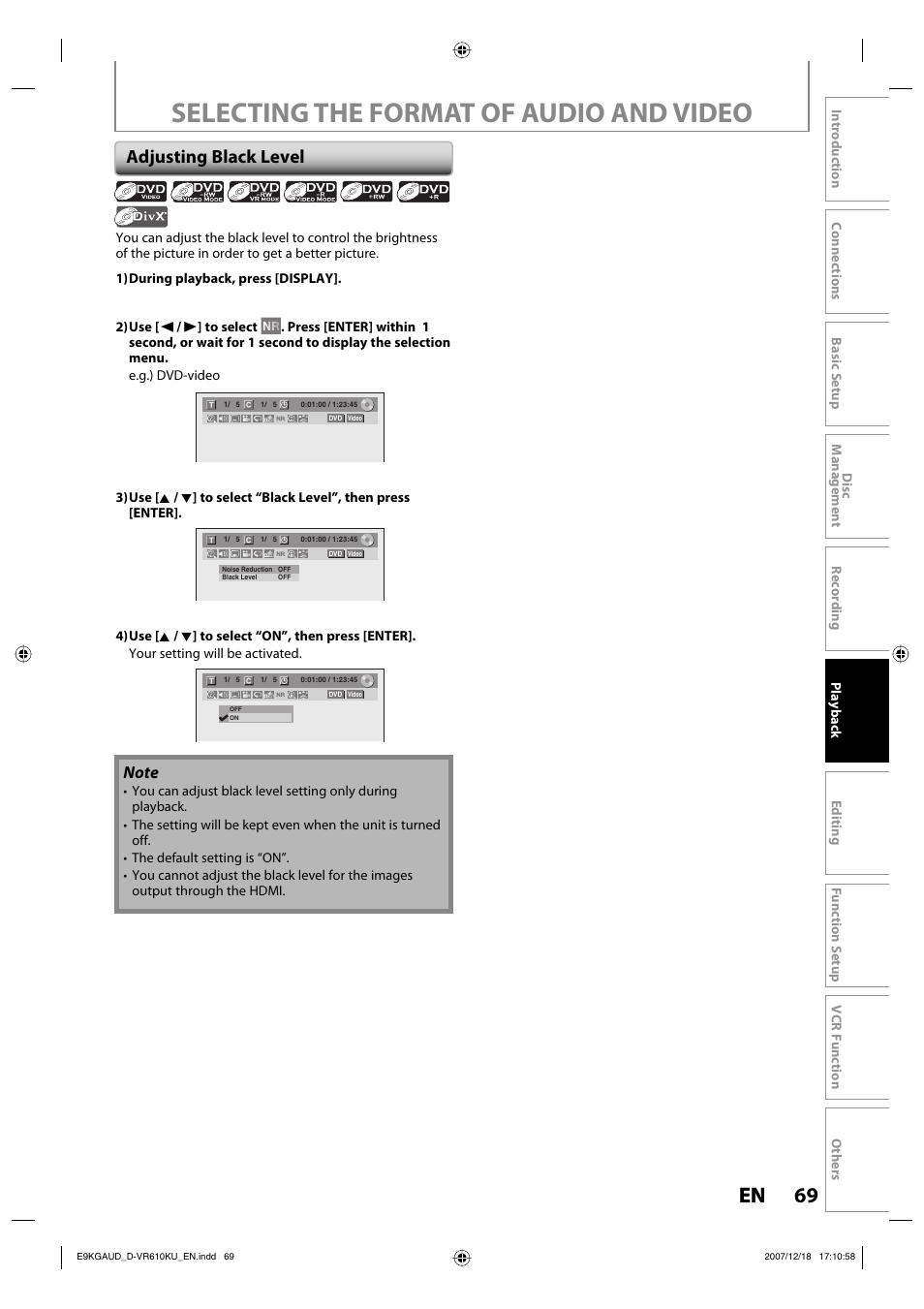 Selecting the format of audio and video, 69 en 69 en, Adjusting black level | Toshiba DVD Video Recorder / Video Cassette Recorder D-VR610KU User Manual | Page 69 / 126