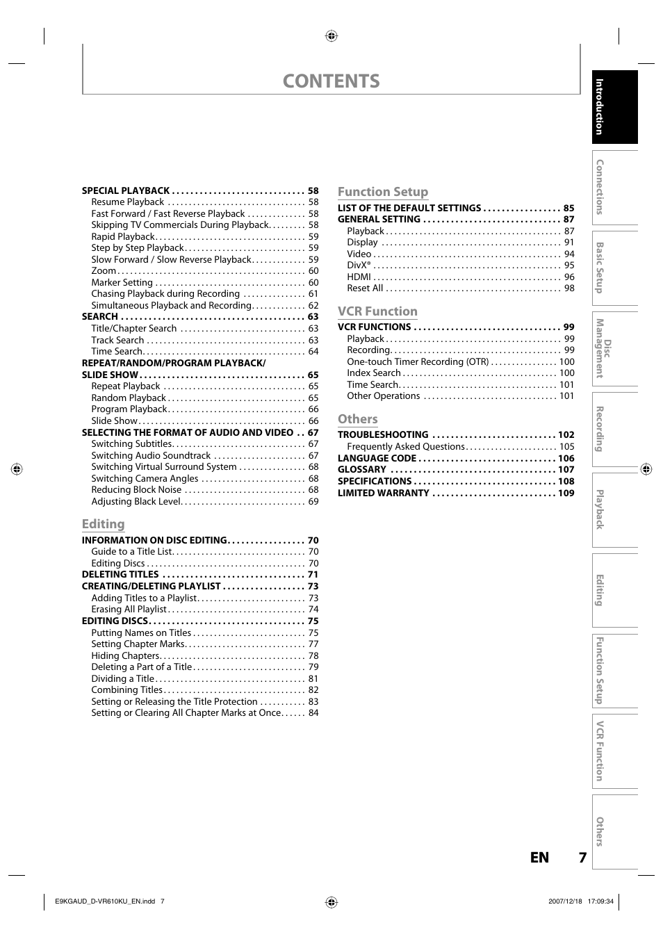 Toshiba DVD Video Recorder / Video Cassette Recorder D-VR610KU User Manual | Page 7 / 126