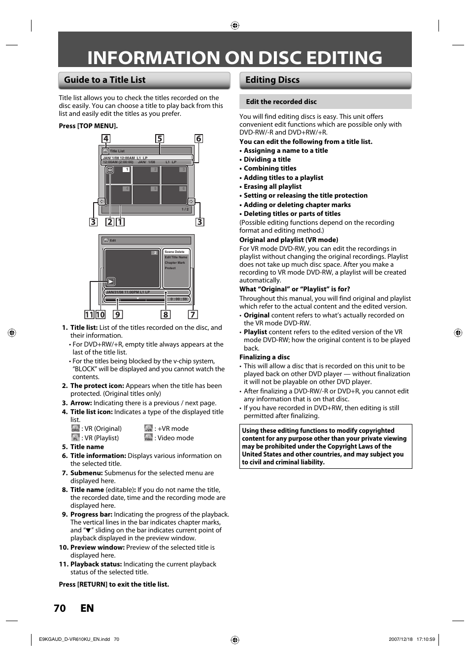 Information on disc editing, 70 en 70 en, Guide to a title list editing discs | Toshiba DVD Video Recorder / Video Cassette Recorder D-VR610KU User Manual | Page 70 / 126