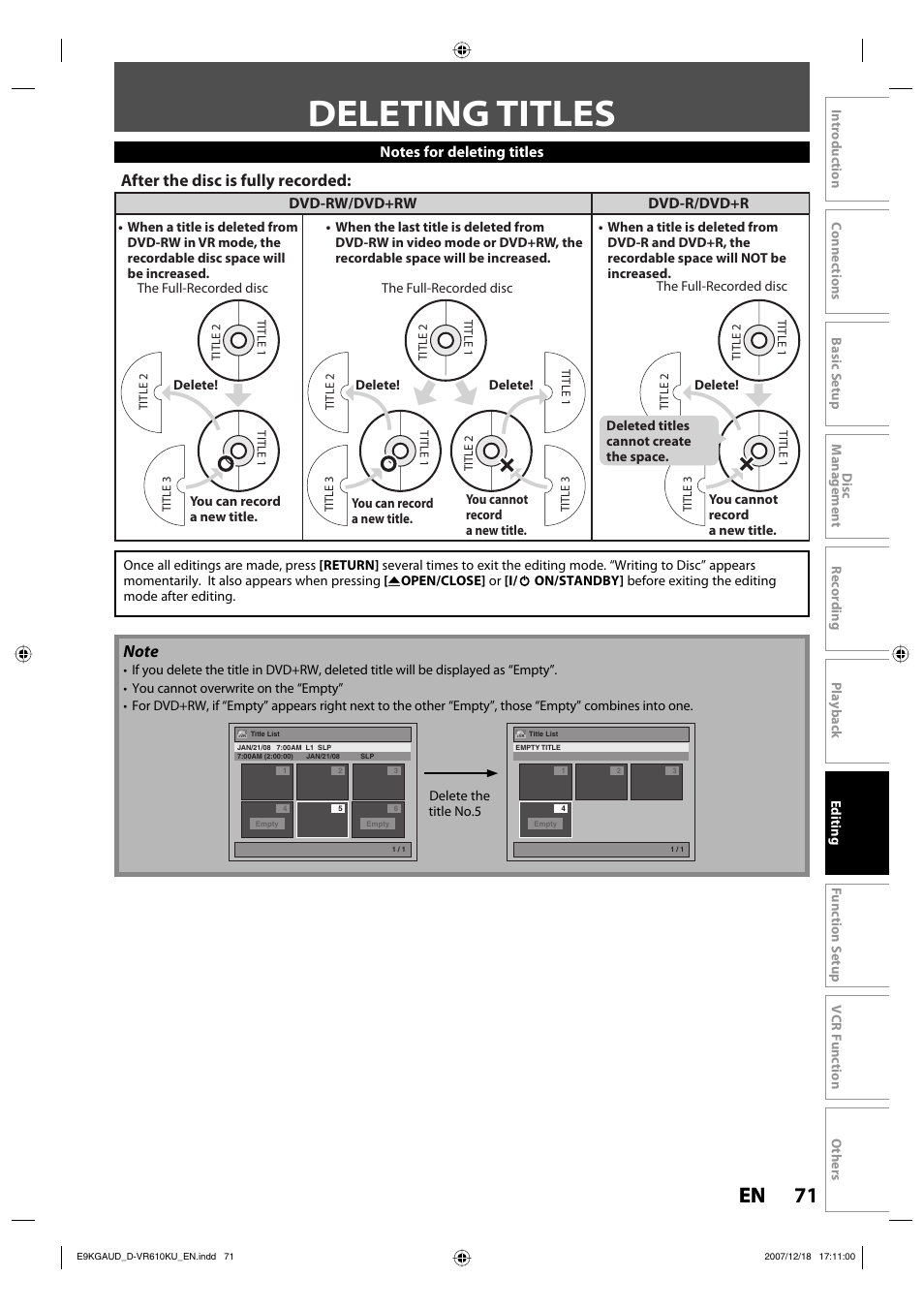 Deleting titles, 71 en 71 en, After the disc is fully recorded | Dvd-rw/dvd+rw dvd-r/dvd+r | Toshiba DVD Video Recorder / Video Cassette Recorder D-VR610KU User Manual | Page 71 / 126