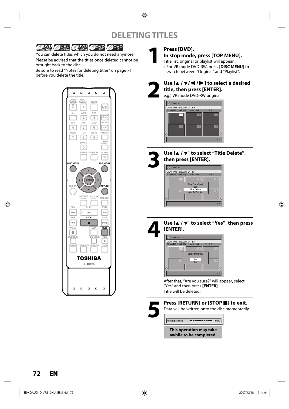 Deleting titles, 72 en 72 en, Press [dvd]. in stop mode, press [top menu | Use [ k / l ] to select “yes”, then press [enter, Press [return] or [stop c ] to exit | Toshiba DVD Video Recorder / Video Cassette Recorder D-VR610KU User Manual | Page 72 / 126
