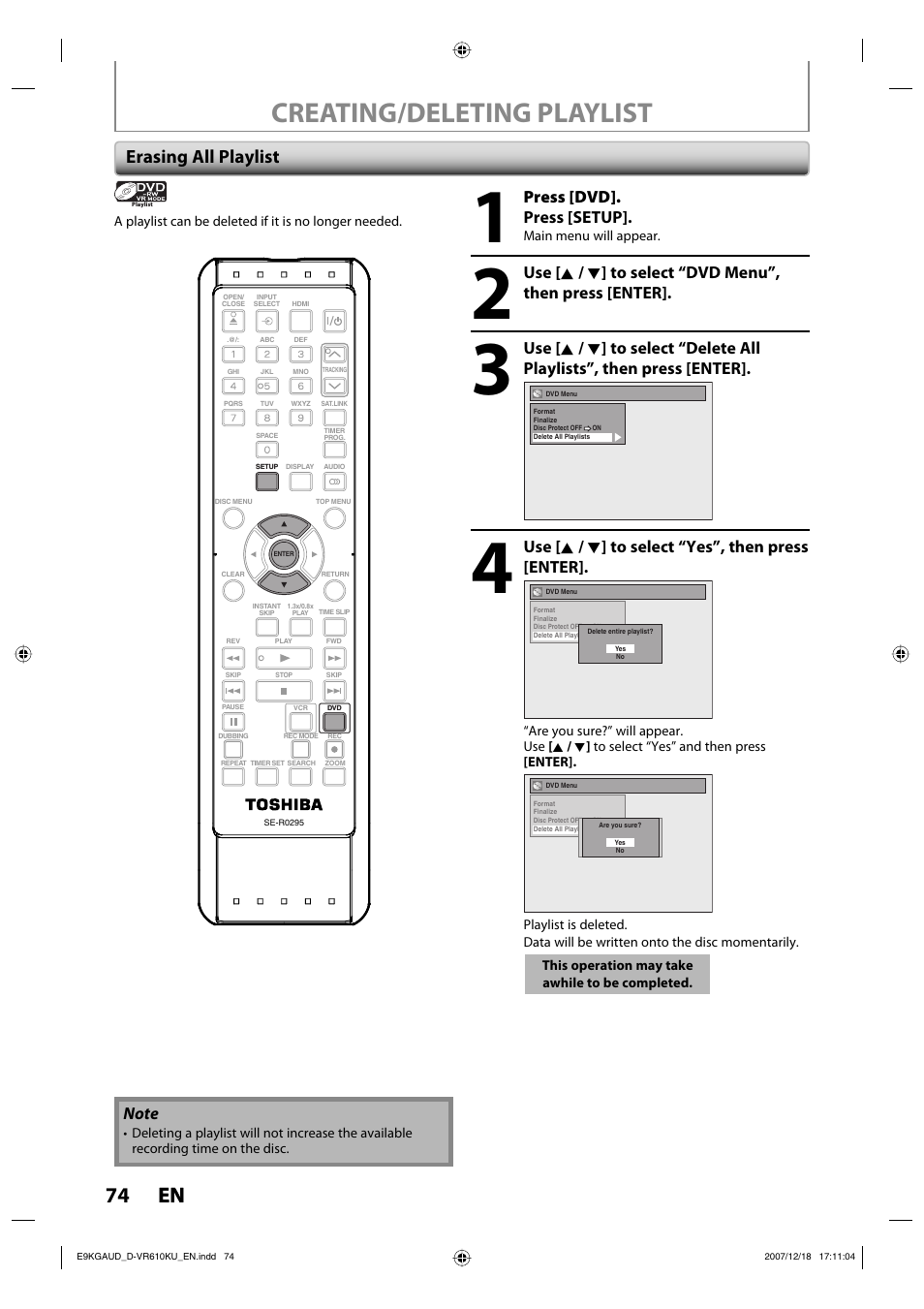 Creating/deleting playlist, 74 en 74 en, Erasing all playlist | Press [dvd]. press [setup, Use [ k / l ] to select “yes”, then press [enter | Toshiba DVD Video Recorder / Video Cassette Recorder D-VR610KU User Manual | Page 74 / 126