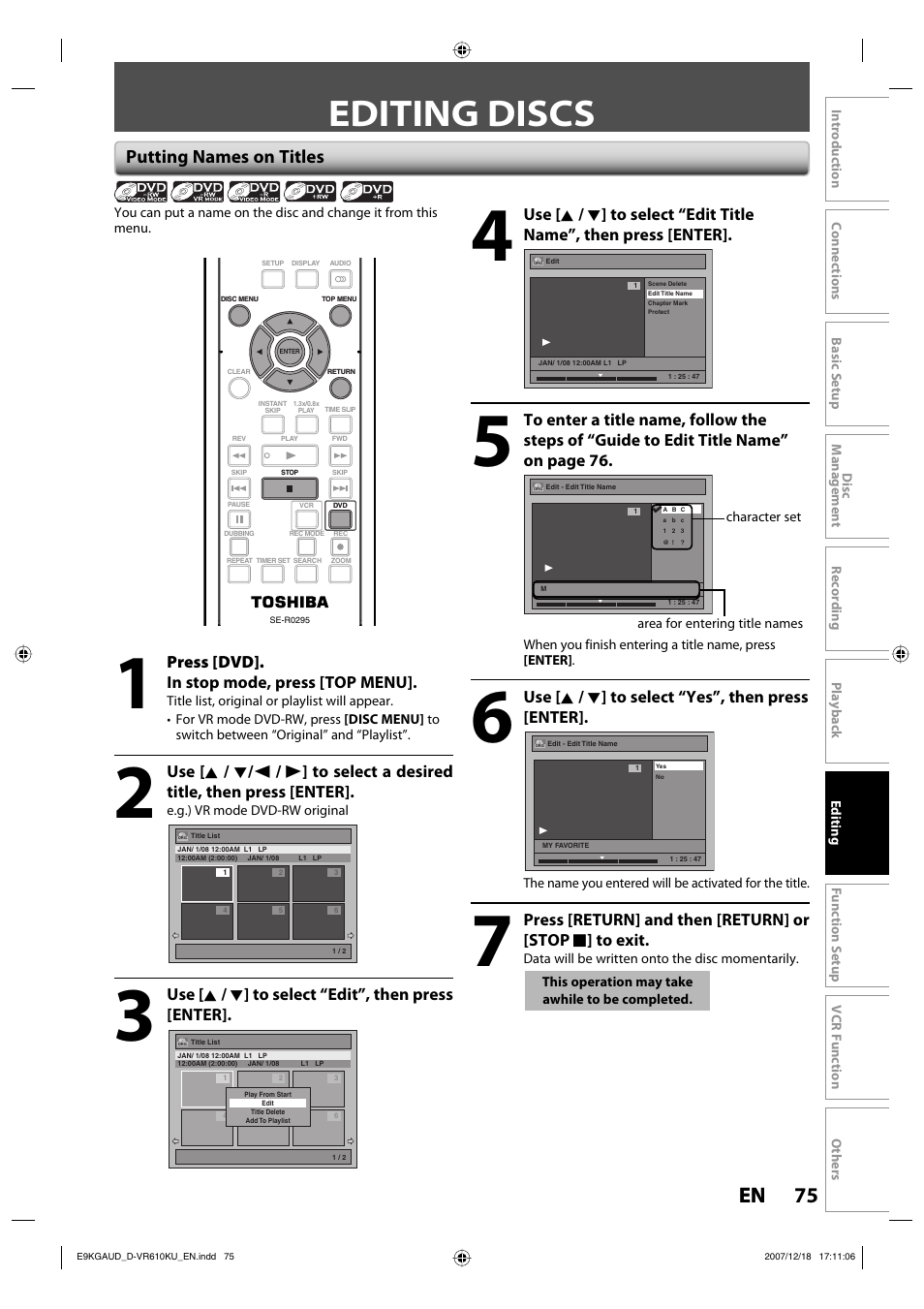 Editing discs, 75 en 75 en, Putting names on titles | Use [ k / l ] to select “yes”, then press [enter, Press [dvd]. in stop mode, press [top menu, Use [ k / l ] to select “edit”, then press [enter | Toshiba DVD Video Recorder / Video Cassette Recorder D-VR610KU User Manual | Page 75 / 126
