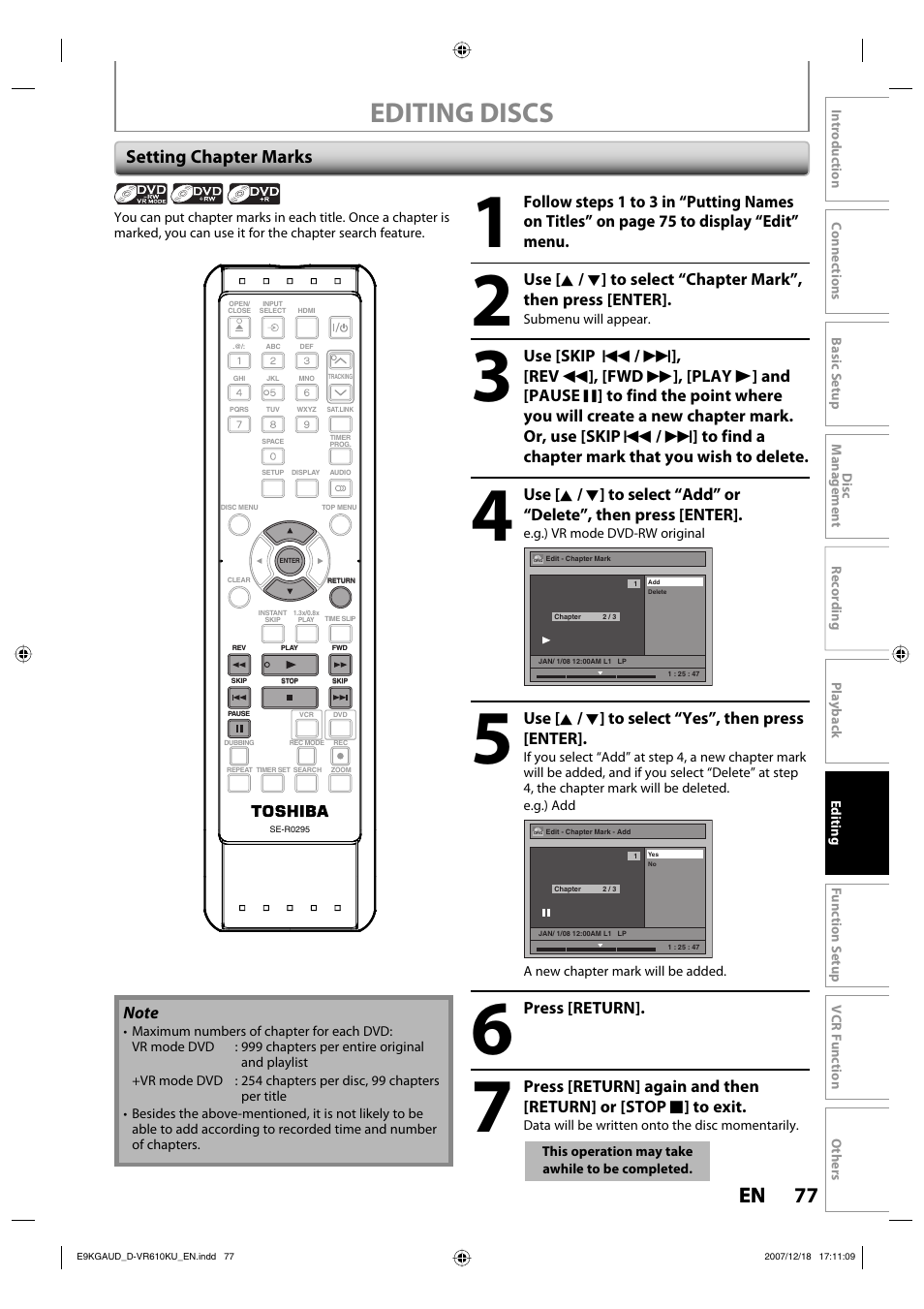 D-vr610ku_en_v5, Editing discs, 77 en 77 en | Setting chapter marks | Toshiba DVD Video Recorder / Video Cassette Recorder D-VR610KU User Manual | Page 77 / 126