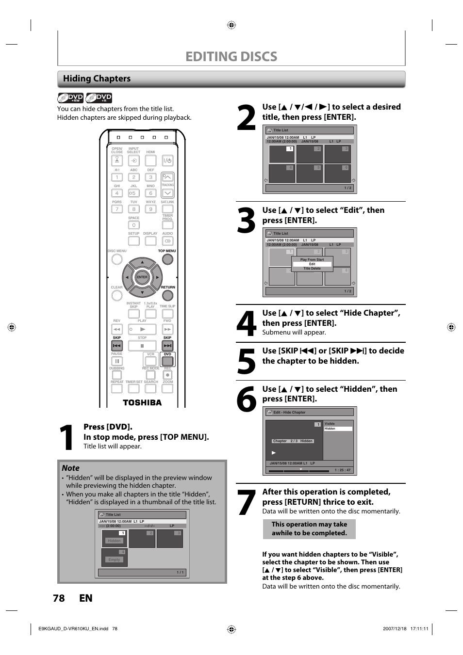 Editing discs, 78 en 78 en, Hiding chapters | Press [dvd]. in stop mode, press [top menu, Use [ k / l ] to select “edit”, then press [enter | Toshiba DVD Video Recorder / Video Cassette Recorder D-VR610KU User Manual | Page 78 / 126