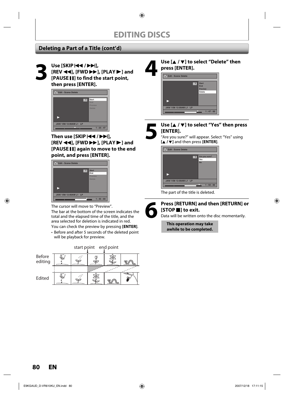 Editing discs, 80 en 80 en, Deleting a part of a title (cont’d) | Toshiba DVD Video Recorder / Video Cassette Recorder D-VR610KU User Manual | Page 80 / 126