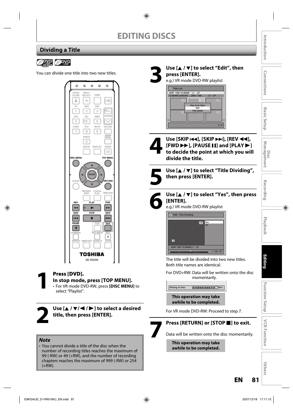 Editing discs, 81 en 81 en, Dividing a title | Press [dvd]. in stop mode, press [top menu, Use [ k / l ] to select “edit”, then press [enter, Use [skip, Skip, Use [ k / l ] to select “yes”, then press [enter, Press [return] or [stop c ] to exit | Toshiba DVD Video Recorder / Video Cassette Recorder D-VR610KU User Manual | Page 81 / 126