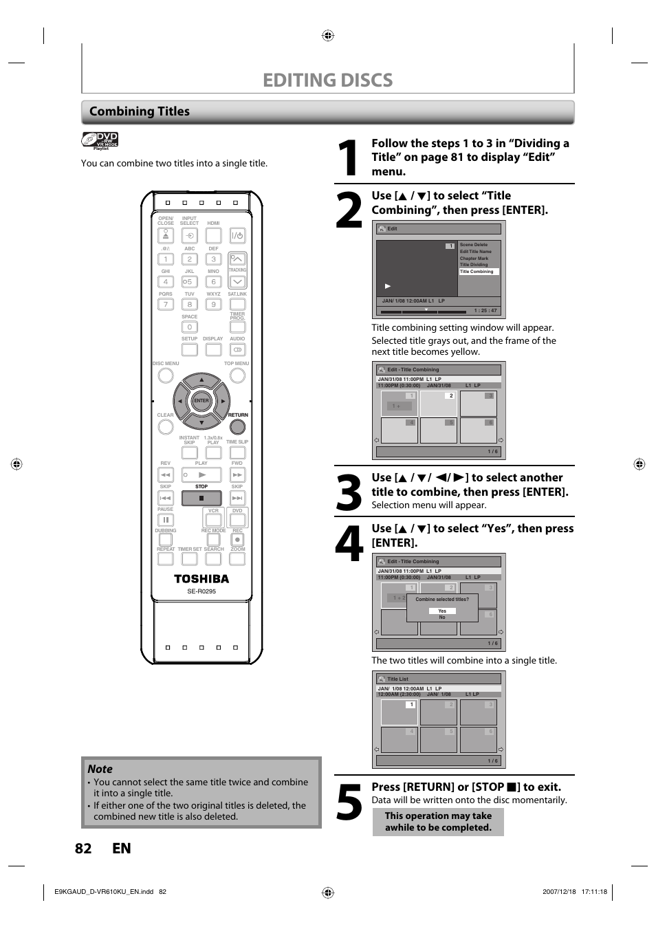 Editing discs, 82 en 82 en, Combining titles | Use [ k / l ] to select “yes”, then press [enter, Press [return] or [stop c ] to exit | Toshiba DVD Video Recorder / Video Cassette Recorder D-VR610KU User Manual | Page 82 / 126