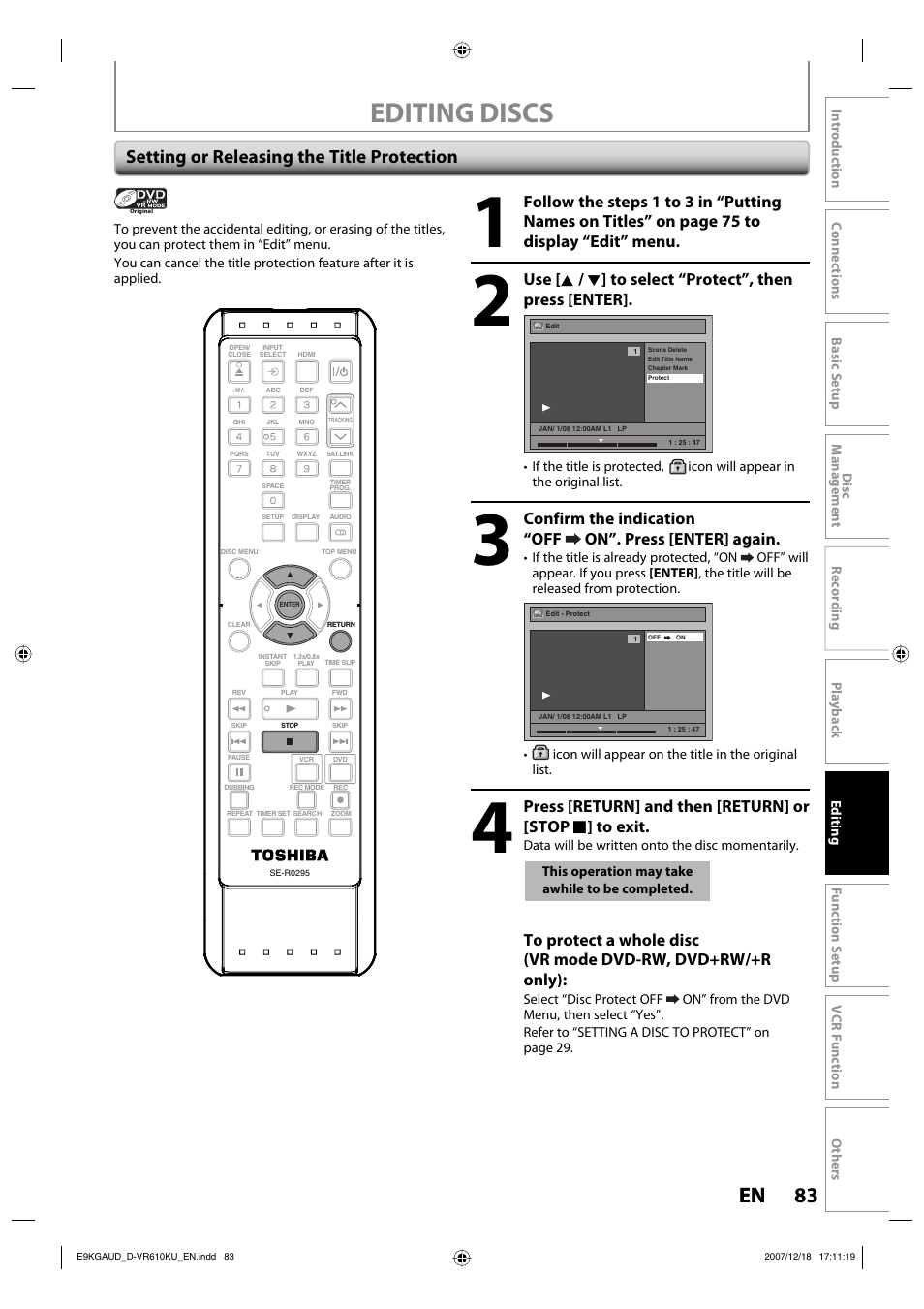 Editing discs, 83 en 83 en, Setting or releasing the title protection | Toshiba DVD Video Recorder / Video Cassette Recorder D-VR610KU User Manual | Page 83 / 126