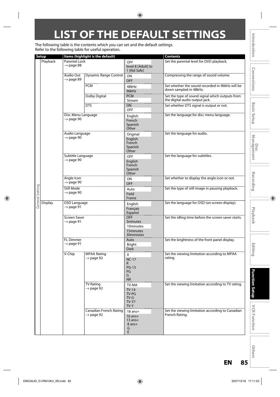 List of the default settings, 85 en 85 en | Toshiba DVD Video Recorder / Video Cassette Recorder D-VR610KU User Manual | Page 85 / 126