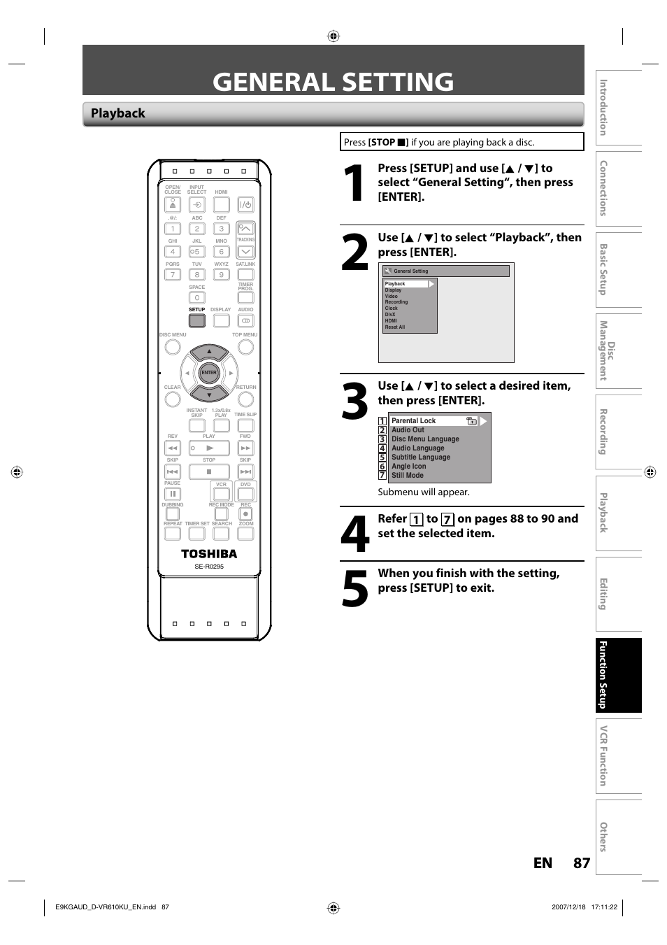 General setting, 87 en 87 en, Playback | Toshiba DVD Video Recorder / Video Cassette Recorder D-VR610KU User Manual | Page 87 / 126