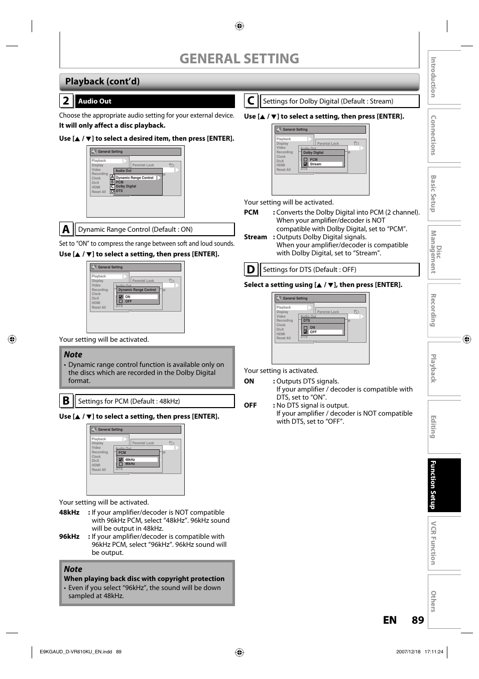 General setting, 89 en 89 en, Playback (cont’d) | Toshiba DVD Video Recorder / Video Cassette Recorder D-VR610KU User Manual | Page 89 / 126