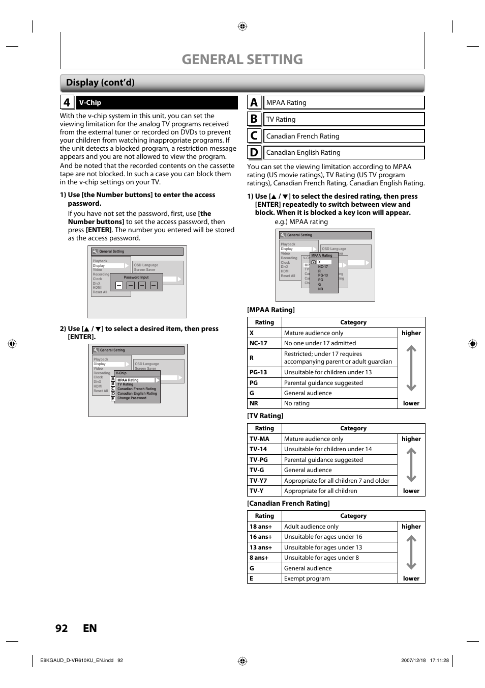 General setting, 92 en 92 en, Display (cont’d) | Toshiba DVD Video Recorder / Video Cassette Recorder D-VR610KU User Manual | Page 92 / 126