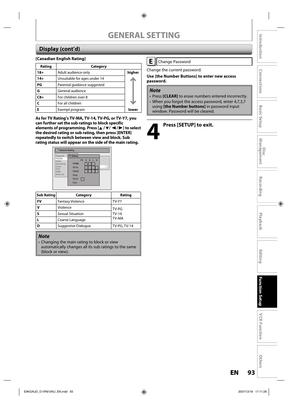 General setting, 93 en 93 en, Display (cont’d) | Press [setup] to exit | Toshiba DVD Video Recorder / Video Cassette Recorder D-VR610KU User Manual | Page 93 / 126