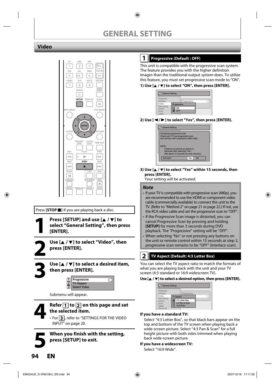 General setting, 94 en 94 en, Video | Use [ k / l ] to select “video”, then press [enter | Toshiba DVD Video Recorder / Video Cassette Recorder D-VR610KU User Manual | Page 94 / 126