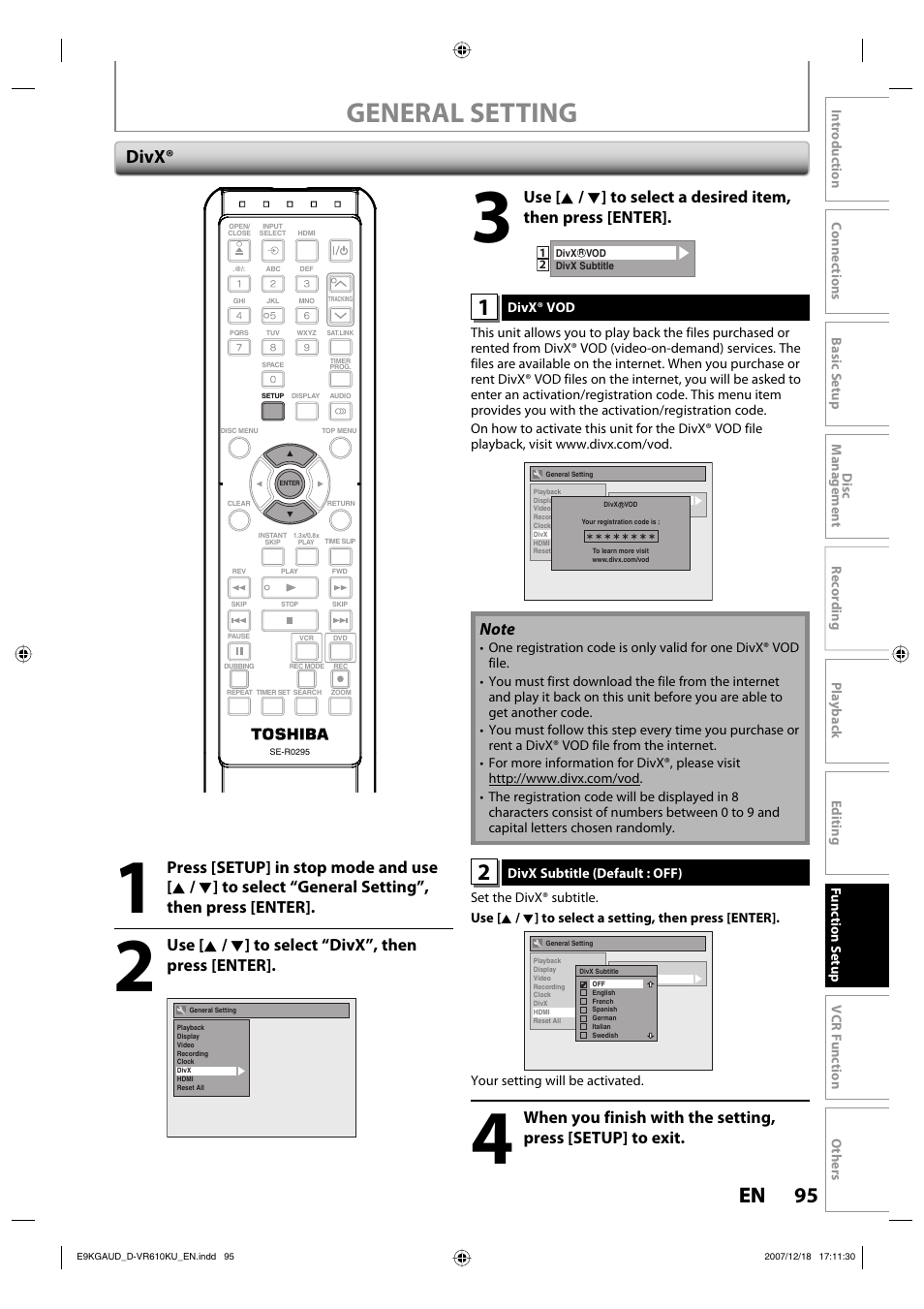 General setting, 95 en 95 en, Divx | Use [ k / l ] to select “divx”, then press [enter | Toshiba DVD Video Recorder / Video Cassette Recorder D-VR610KU User Manual | Page 95 / 126