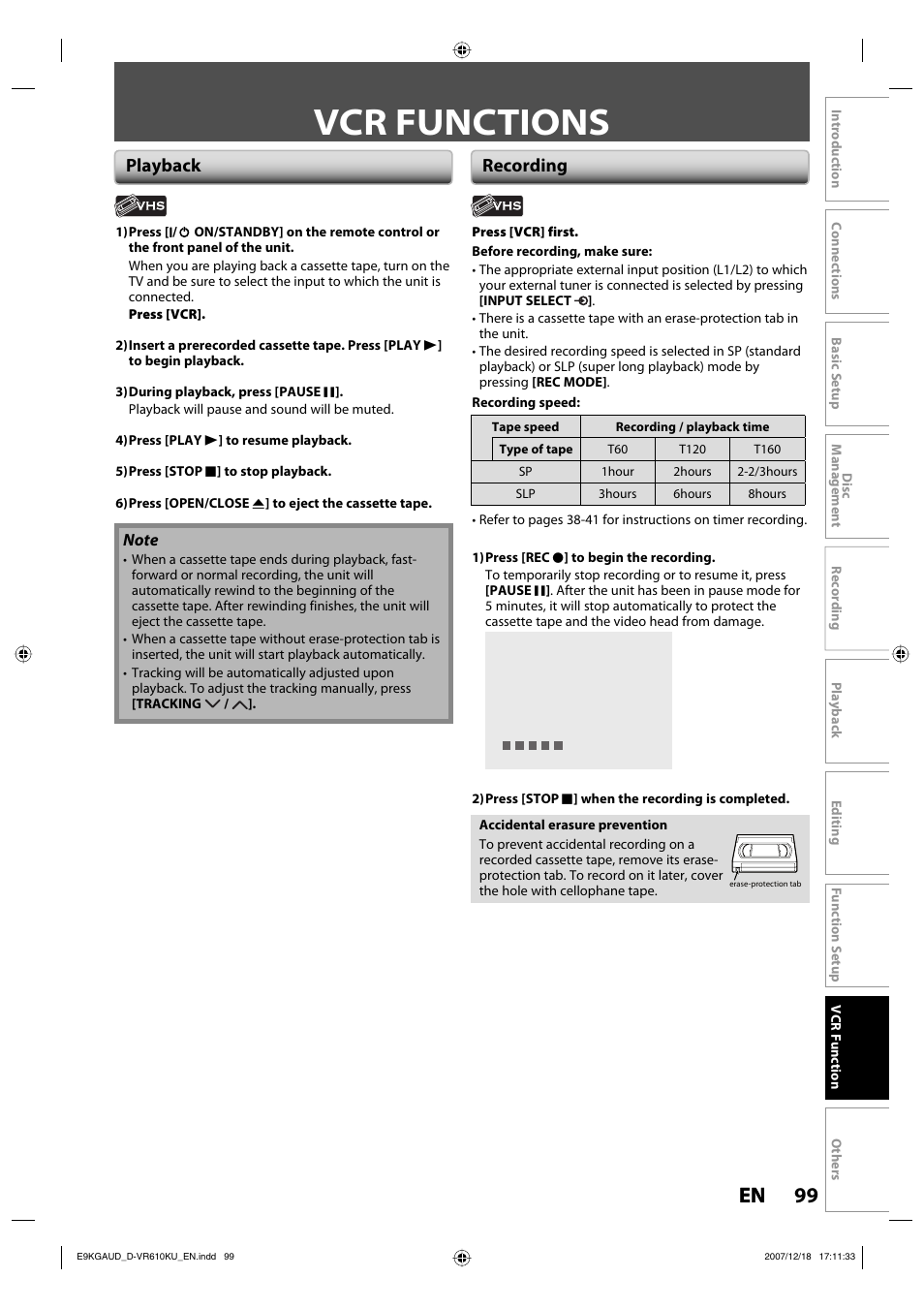 Vcr functions, 99 en 99 en, Playback recording | Toshiba DVD Video Recorder / Video Cassette Recorder D-VR610KU User Manual | Page 99 / 126