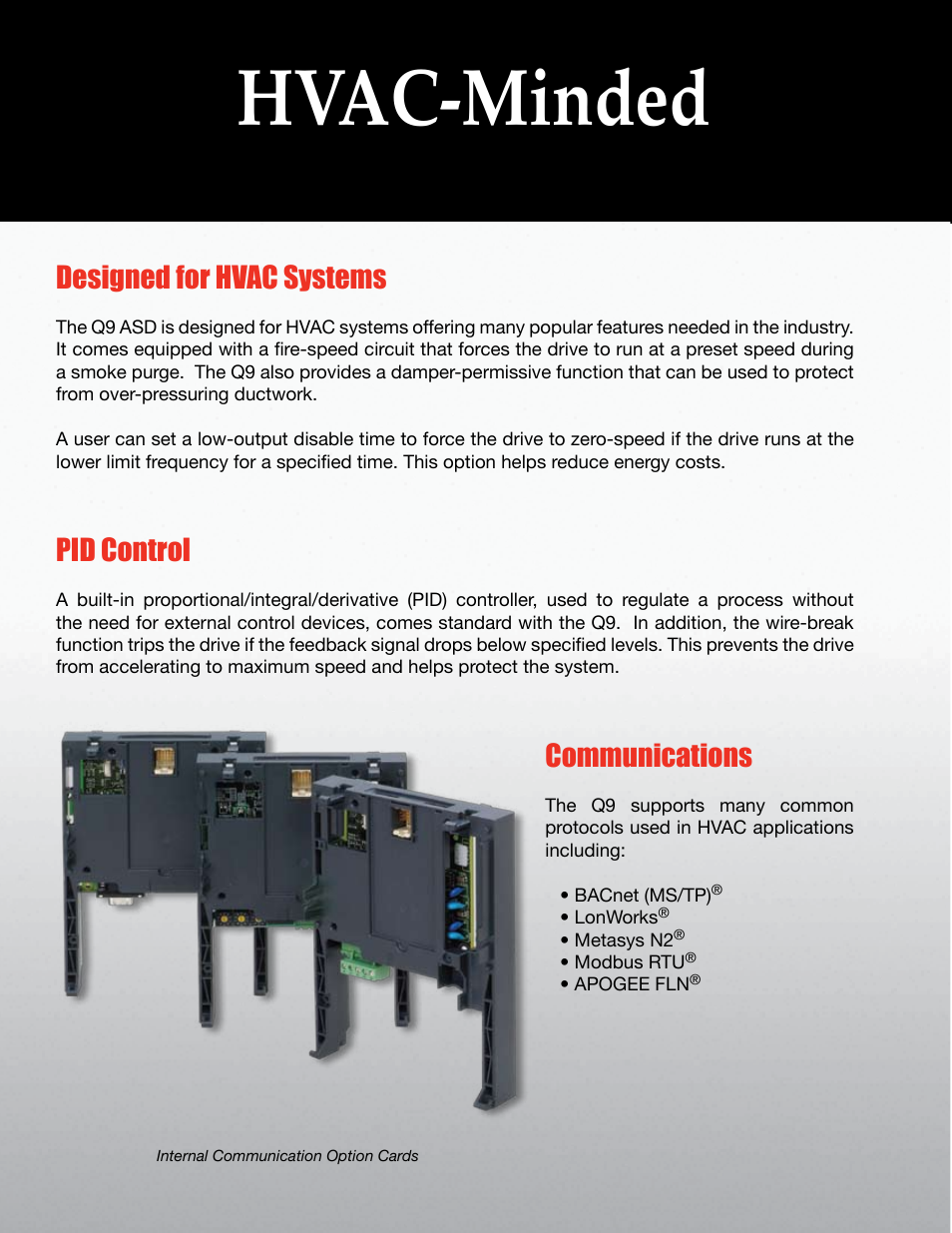 Hvac-minded, Designed for hvac systems, Pid control | Communications | Toshiba Q9 Series User Manual | Page 3 / 8