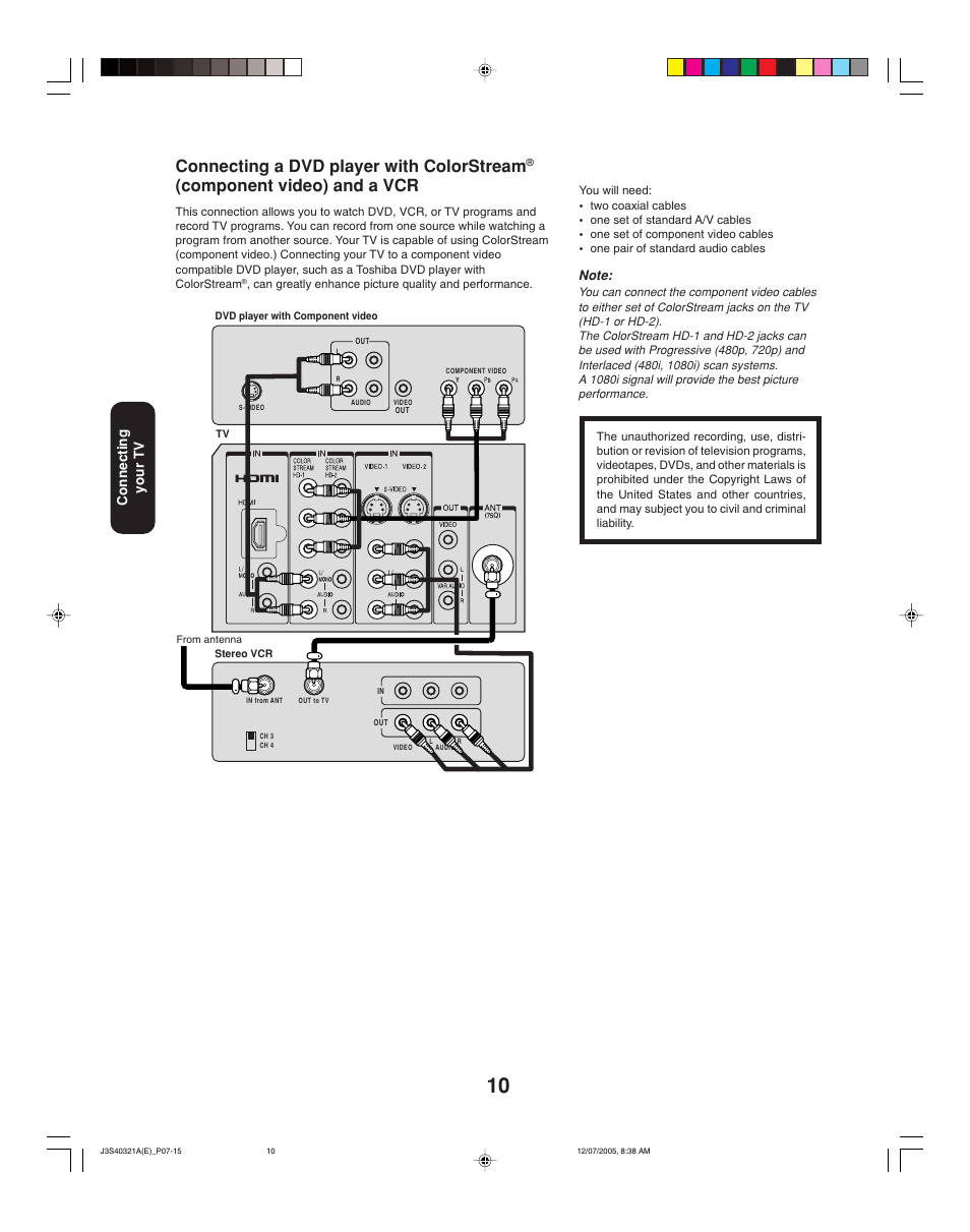 Connecting a dvd player with colorstream, Component video) and a vcr, Connecting your tv | Toshiba 30HFX85 User Manual | Page 10 / 48