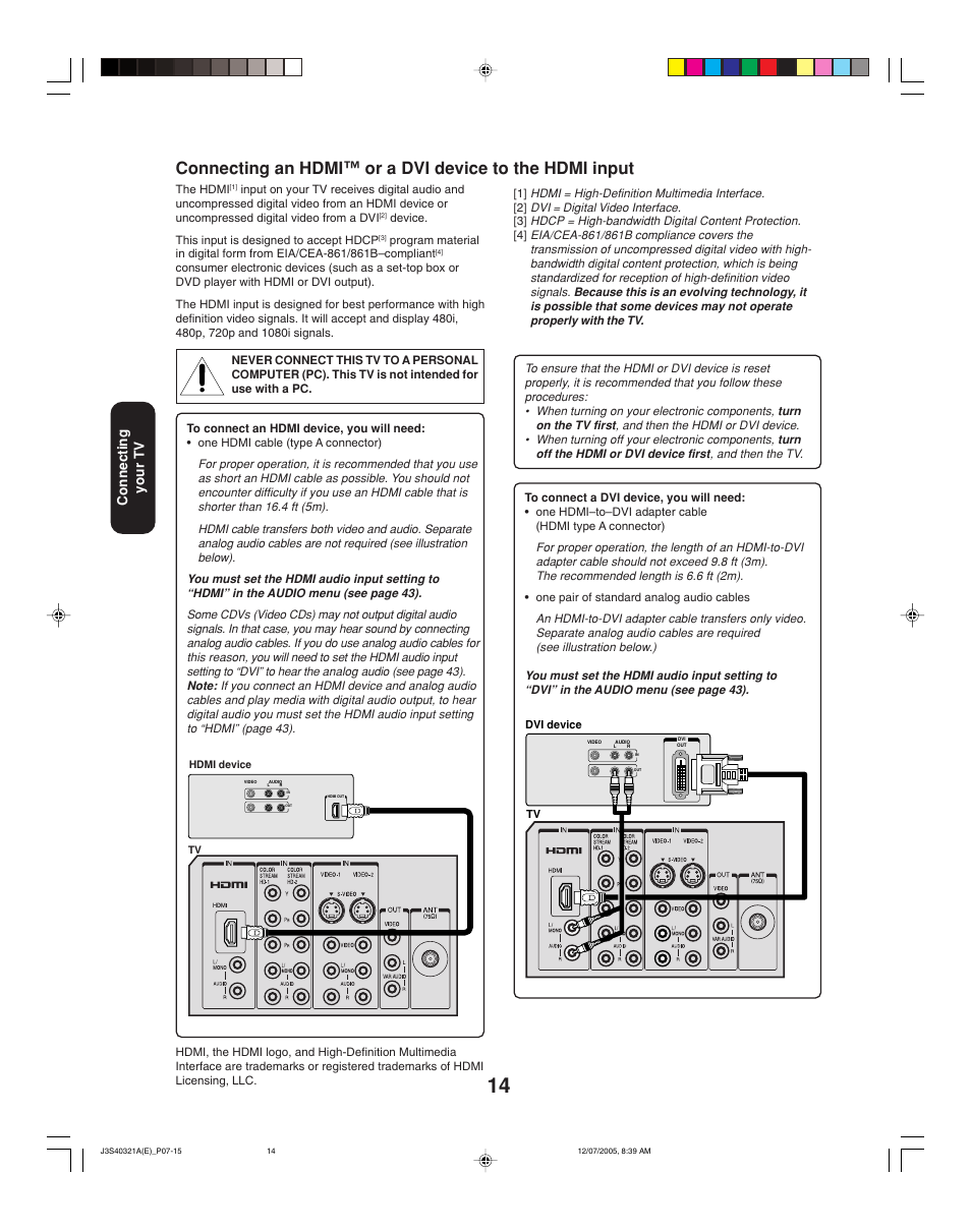 Connecting your tv | Toshiba 30HFX85 User Manual | Page 14 / 48