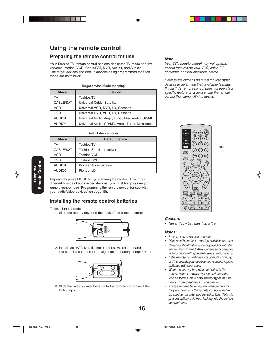 Using the remote control, Preparing the remote control for use, Installing the remote control batteries | Toshiba 30HFX85 User Manual | Page 16 / 48