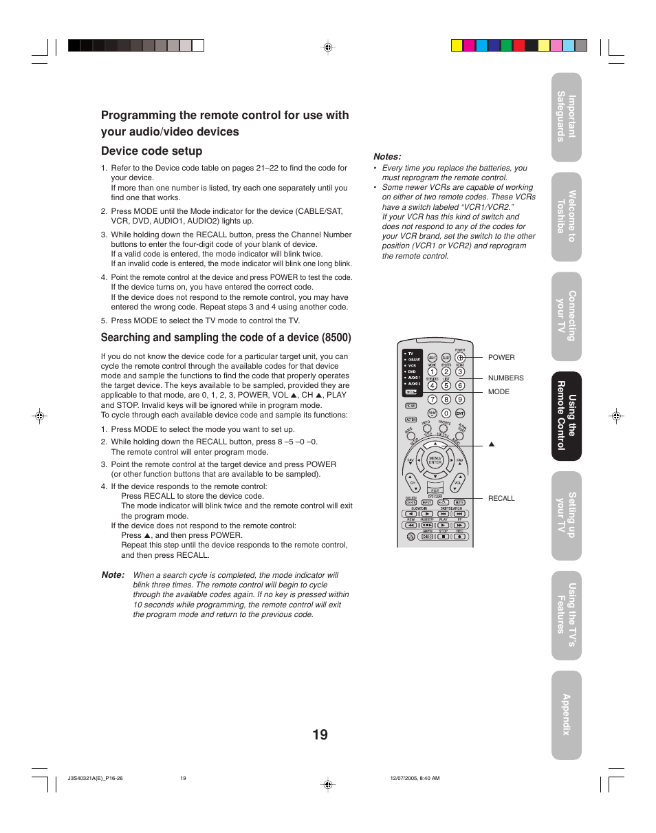 Searching and sampling the code of a device (8500) | Toshiba 30HFX85 User Manual | Page 19 / 48