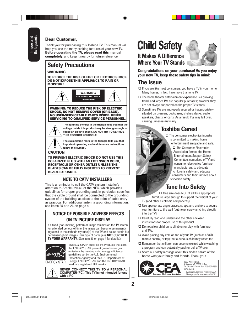 Child safety, It makes a difference where your tv stands, The issue | Toshiba cares, Tune into safety, Safety precautions | Toshiba 30HFX85 User Manual | Page 2 / 48