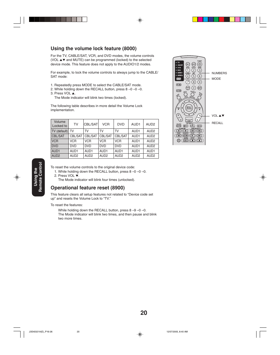Using the volume lock feature (8000), Operational feature reset (8900) | Toshiba 30HFX85 User Manual | Page 20 / 48