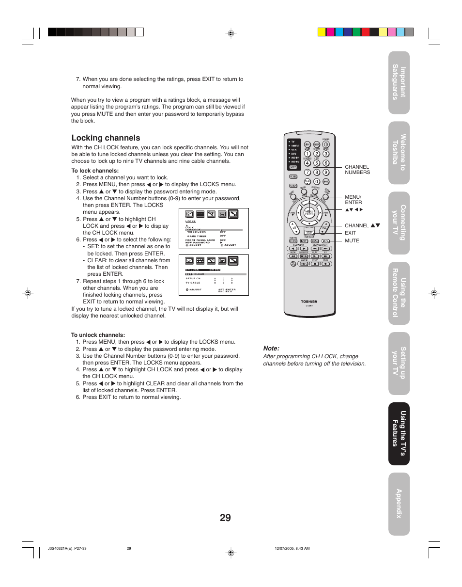 Locking channels | Toshiba 30HFX85 User Manual | Page 29 / 48