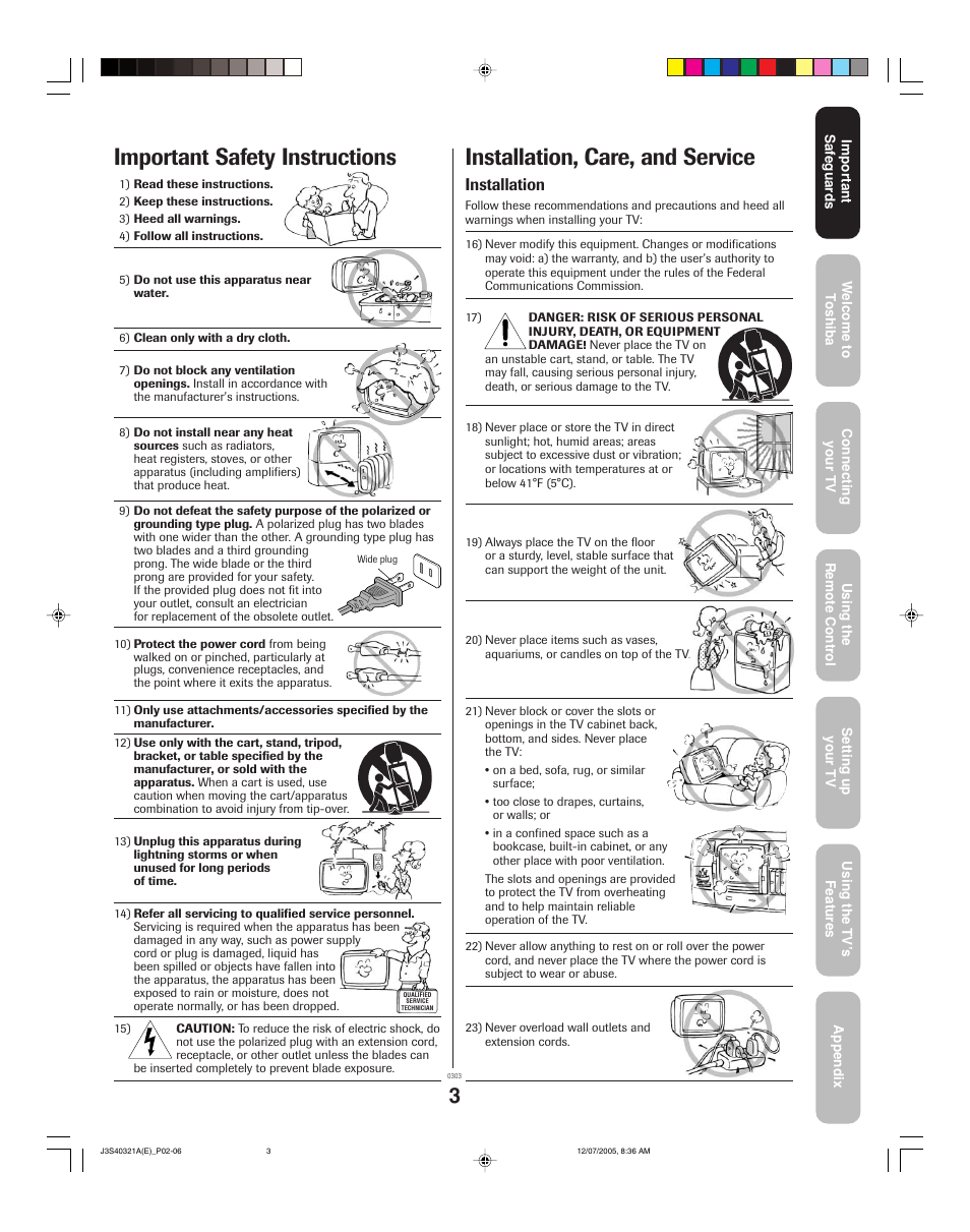 Installation, care, and service, Important safety instructions, Installation | Toshiba 30HFX85 User Manual | Page 3 / 48