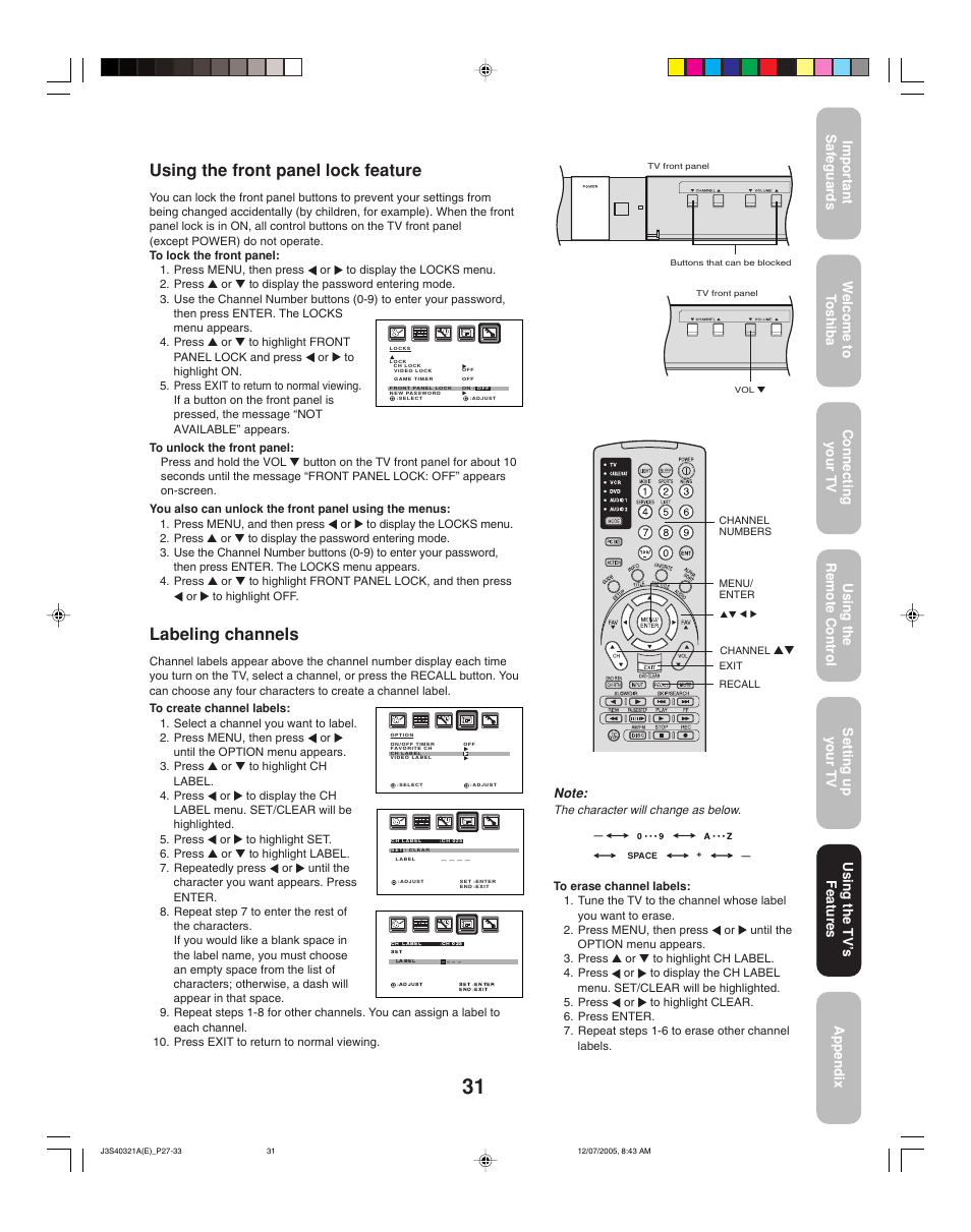 Using the front panel lock feature, Labeling channels, Using the tv ’s features | Toshiba 30HFX85 User Manual | Page 31 / 48