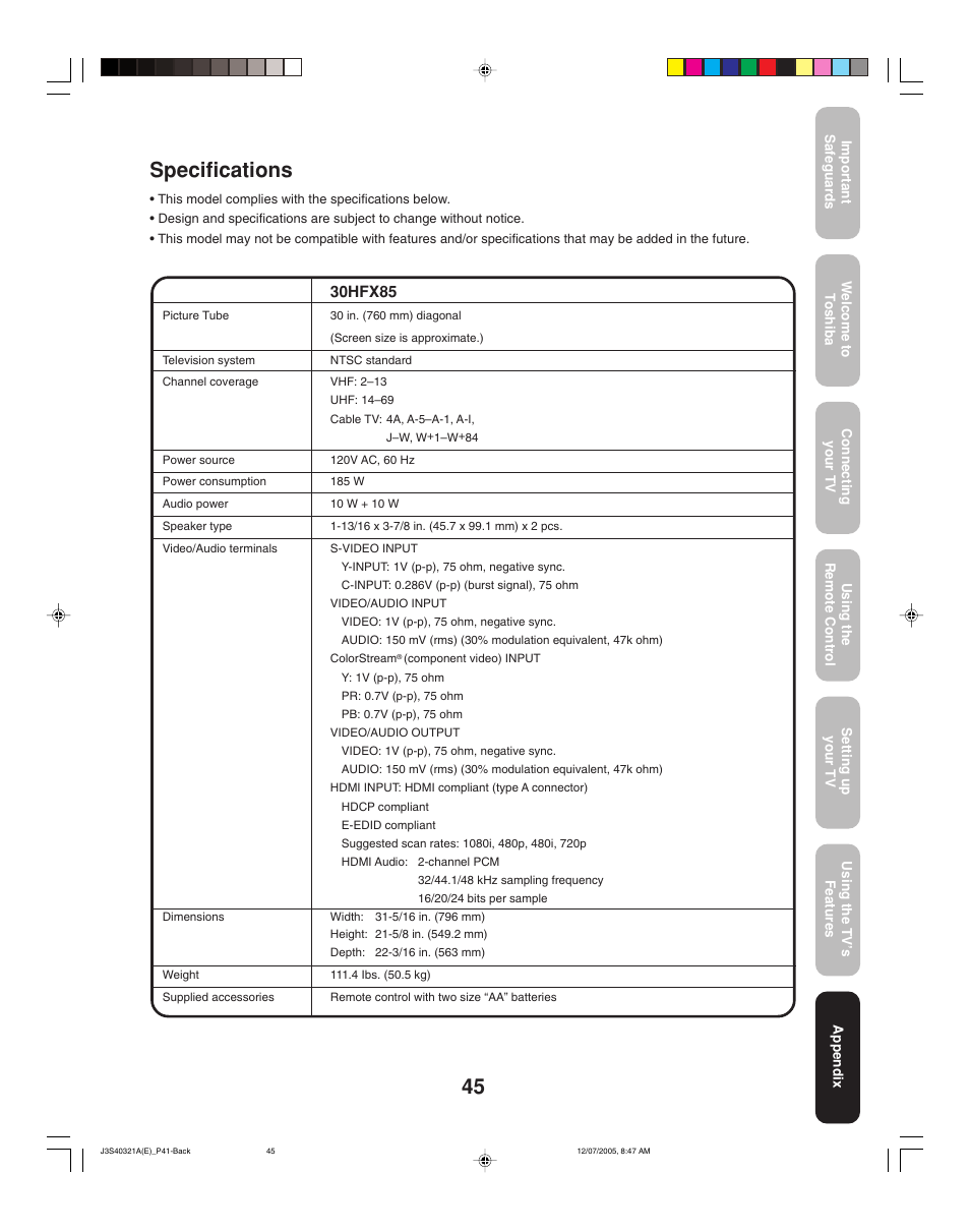 Specifications, 30hfx85 | Toshiba 30HFX85 User Manual | Page 45 / 48