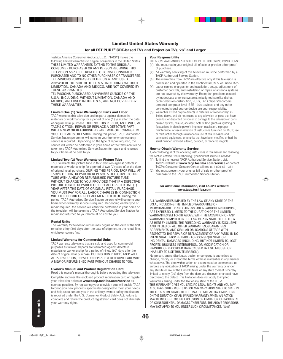Limited united states warranty | Toshiba 30HFX85 User Manual | Page 46 / 48