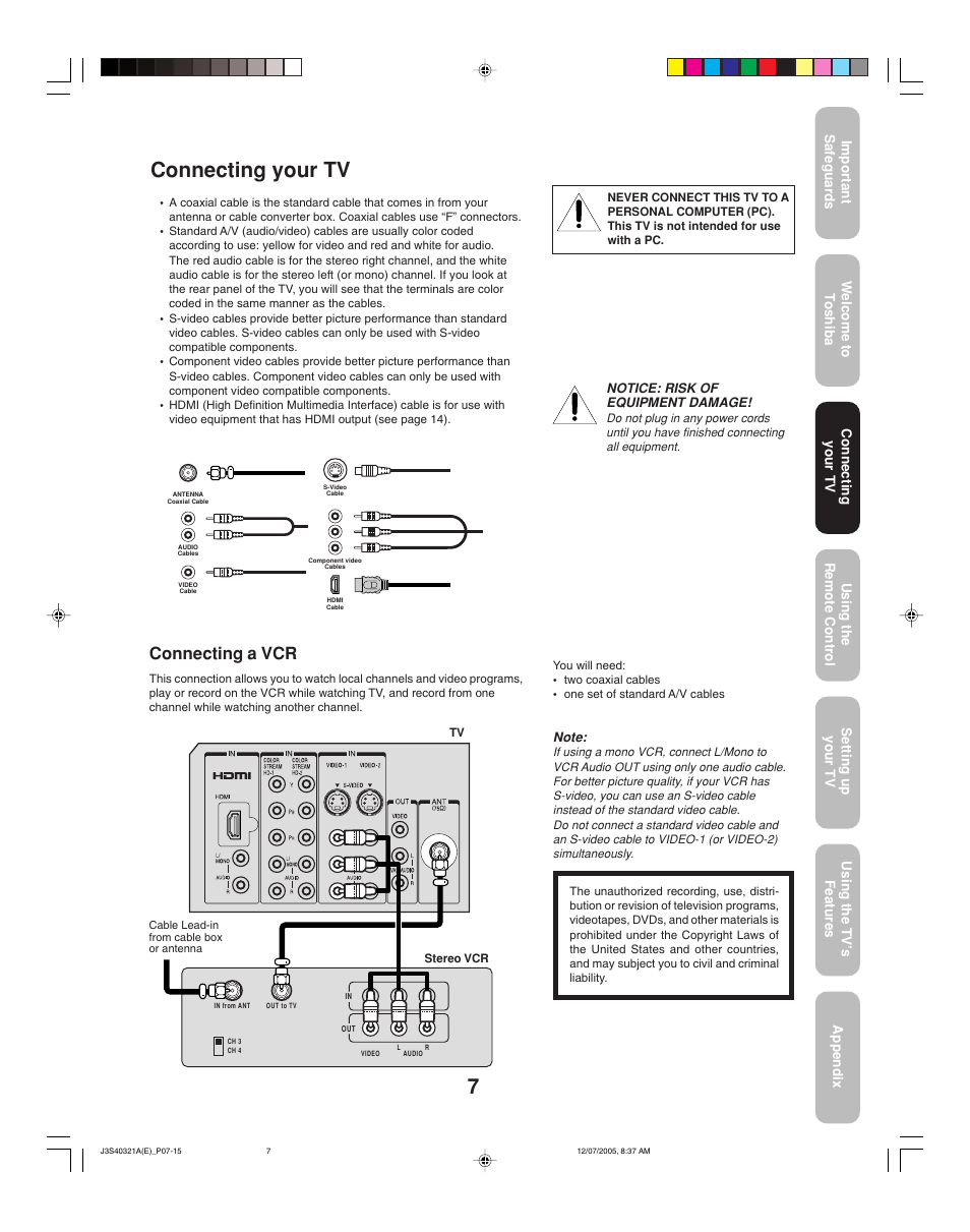 Connecting your tv, Connecting a vcr | Toshiba 30HFX85 User Manual | Page 7 / 48