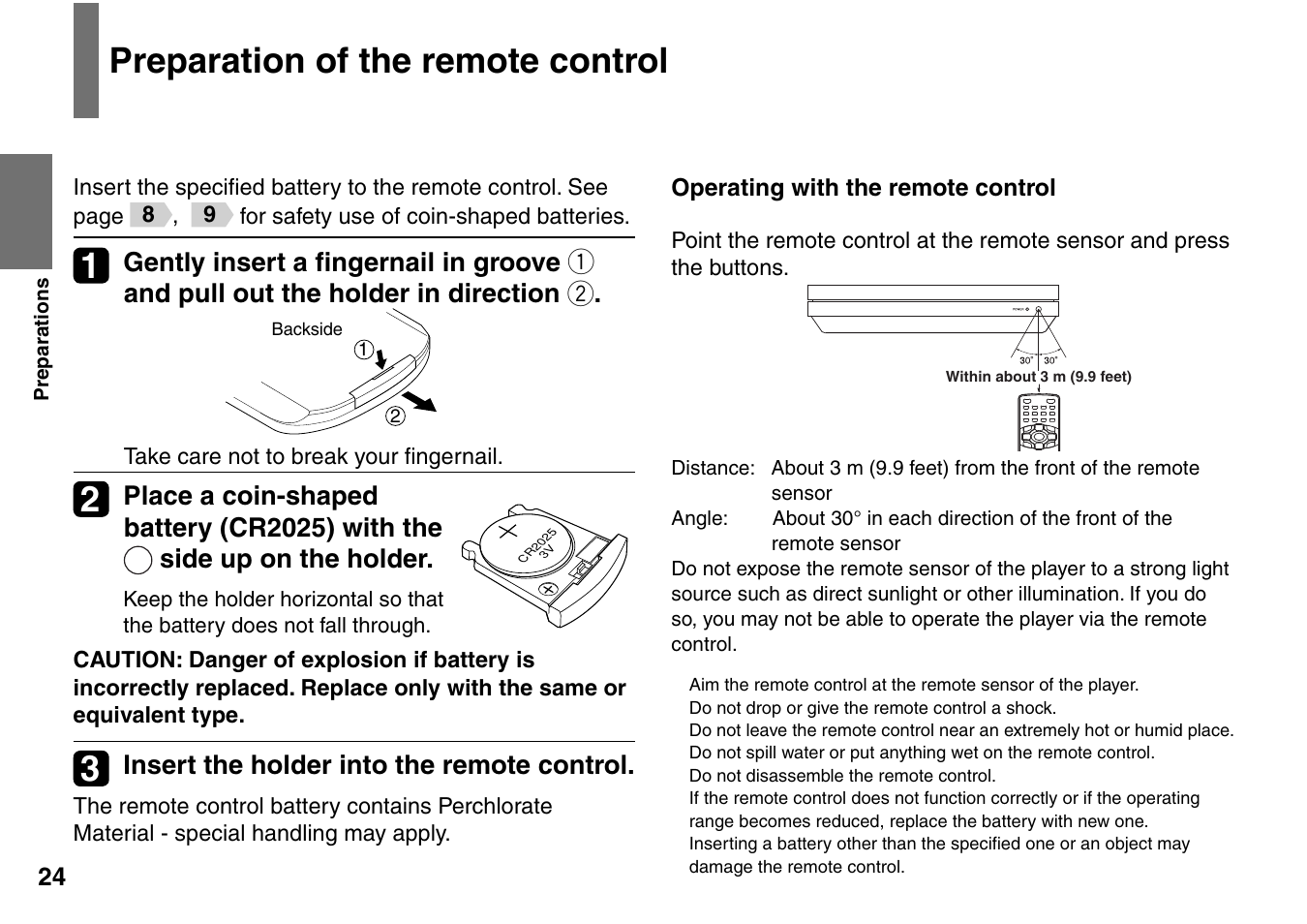 Preparation of the remote control, Insert the holder into the remote control | Toshiba SD-P1707SR User Manual | Page 24 / 76