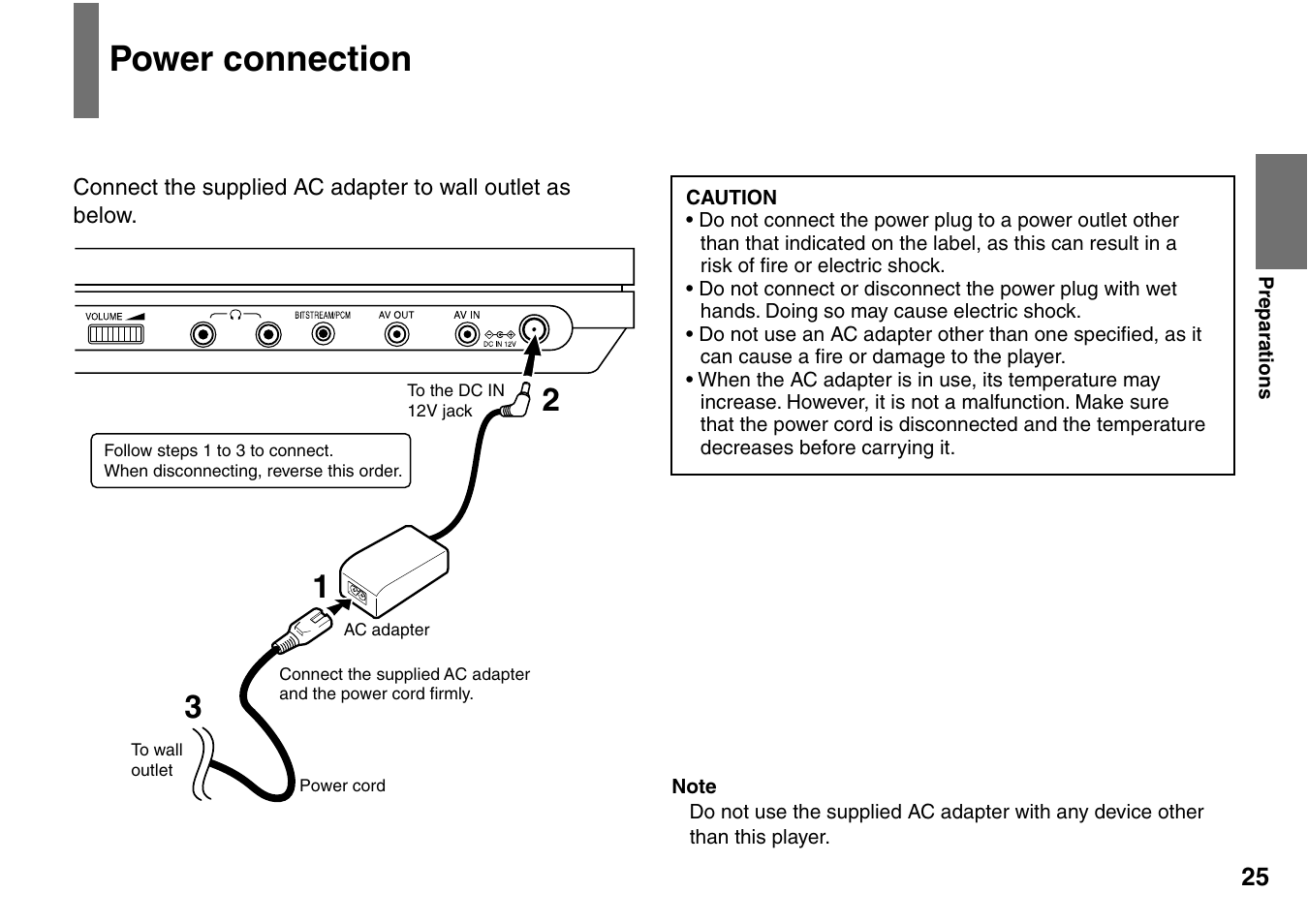 Power connection | Toshiba SD-P1707SR User Manual | Page 25 / 76