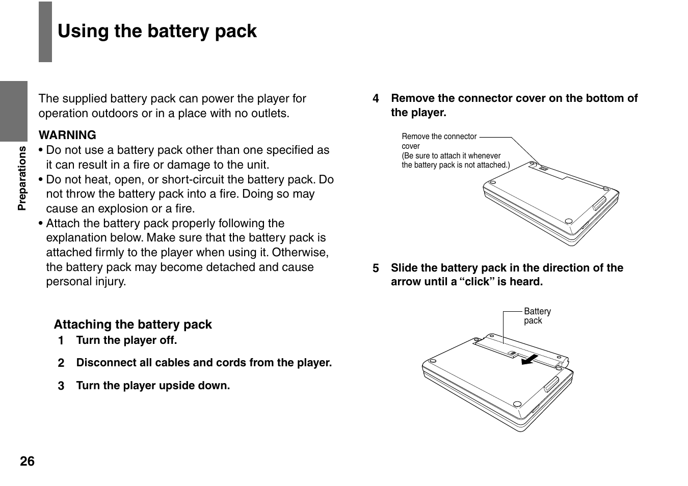 Using the battery pack | Toshiba SD-P1707SR User Manual | Page 26 / 76