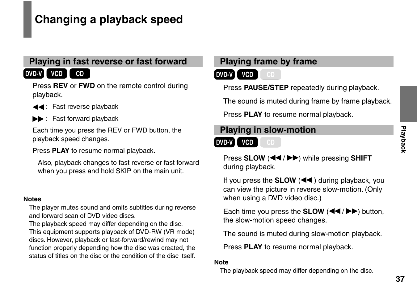 Changing a playback speed, Playing in fast reverse or fast forward, Playing frame by frame | Playing in slow-motion | Toshiba SD-P1707SR User Manual | Page 37 / 76