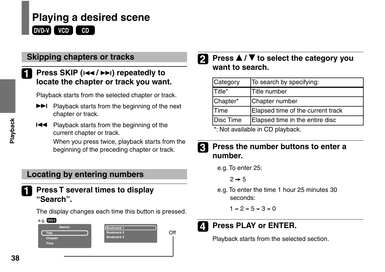 Playing a desired scene, Skipping chapters or tracks, Locating by entering numbers | Toshiba SD-P1707SR User Manual | Page 38 / 76