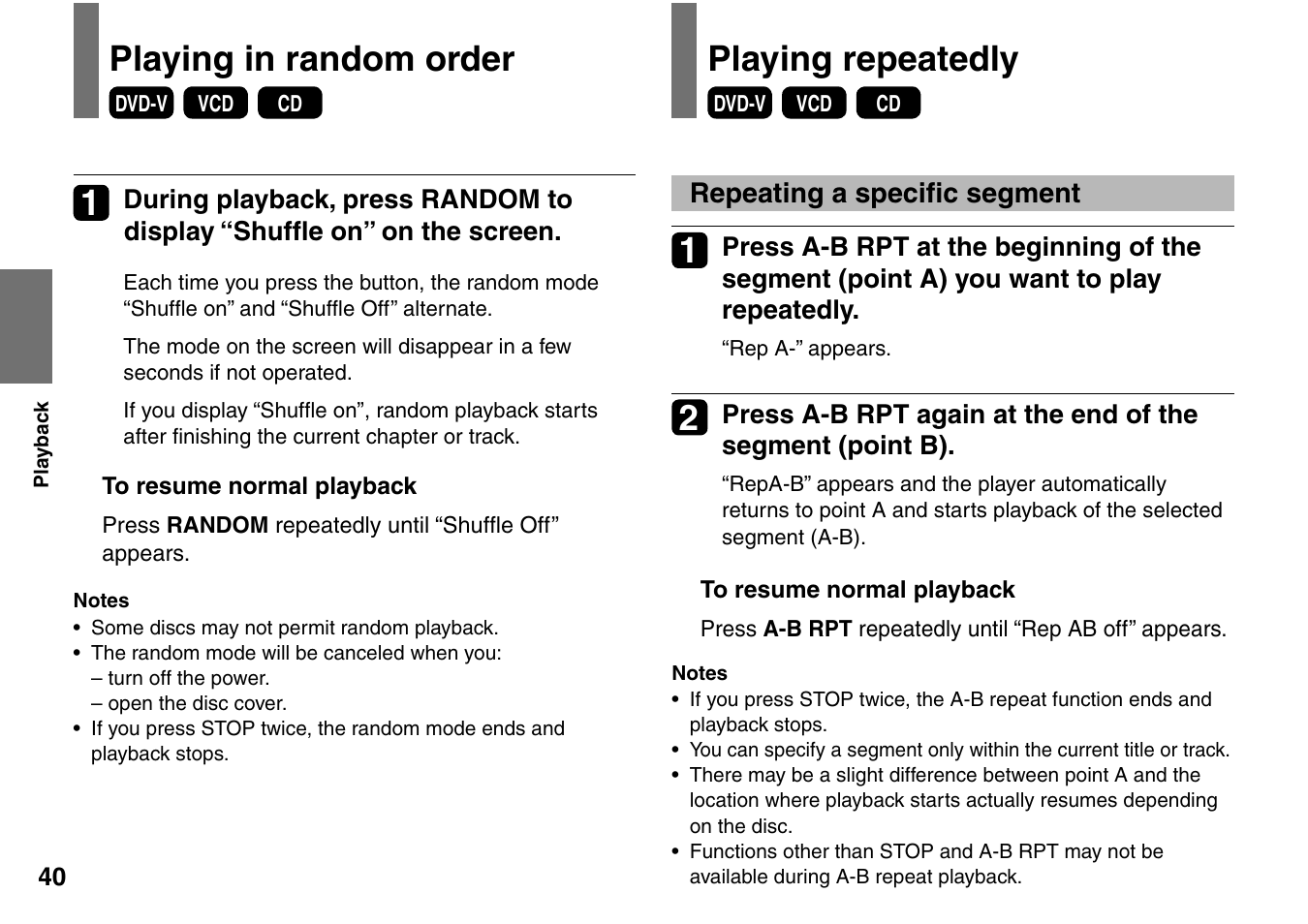 Playing in random order, Playing repeatedly | Toshiba SD-P1707SR User Manual | Page 40 / 76