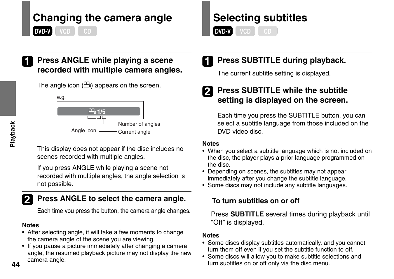 Changing the camera angle selecting subtitles | Toshiba SD-P1707SR User Manual | Page 44 / 76
