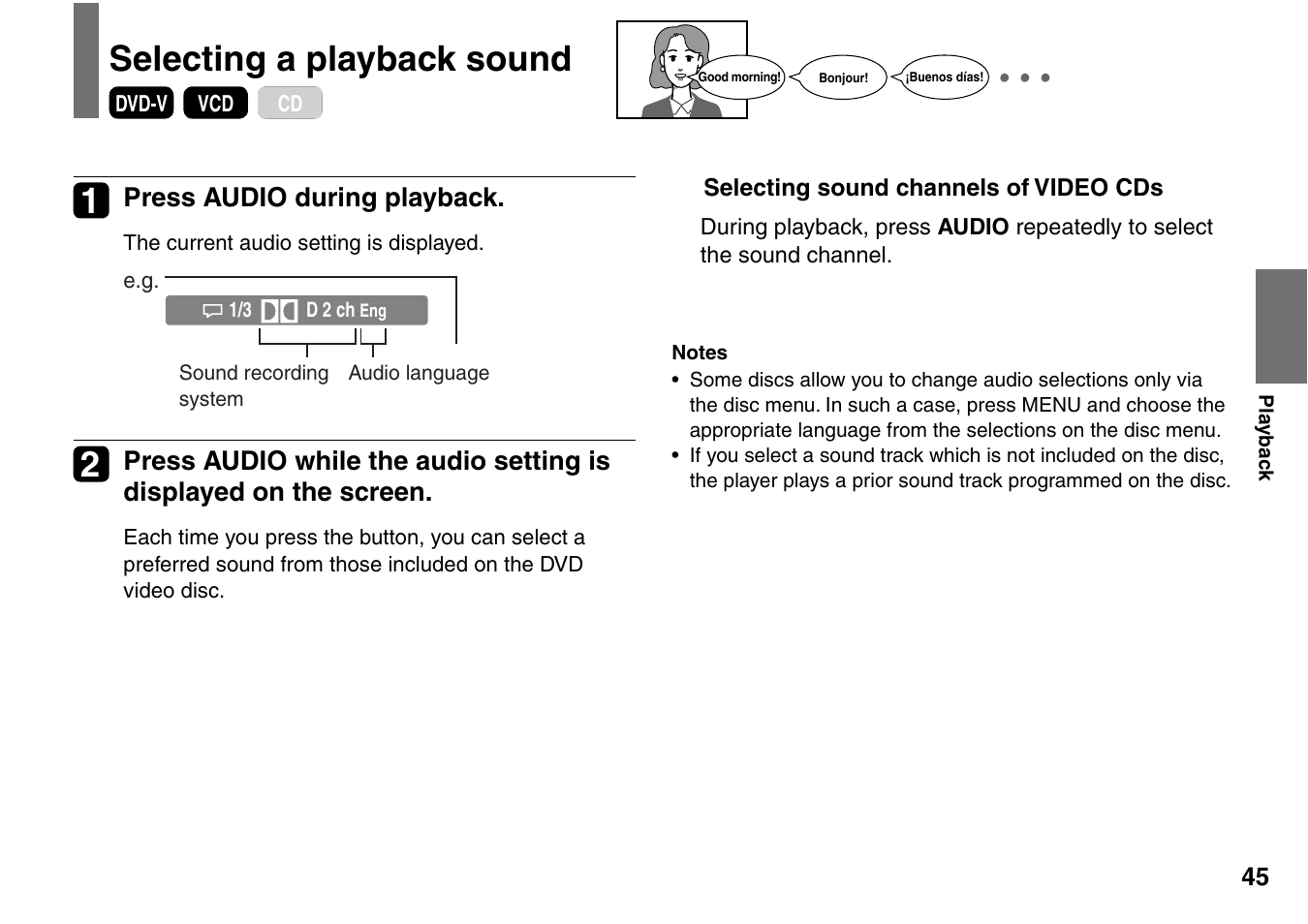 Selecting a playback sound | Toshiba SD-P1707SR User Manual | Page 45 / 76