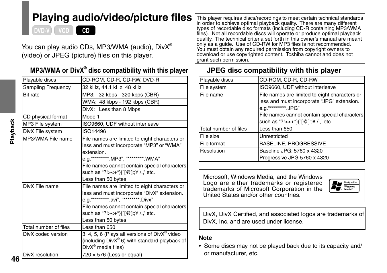 Playing audio/video/picture ﬁ les, Mp3/wma or divx, Disc compatibility with this player | Jpeg disc compatibility with this player | Toshiba SD-P1707SR User Manual | Page 46 / 76